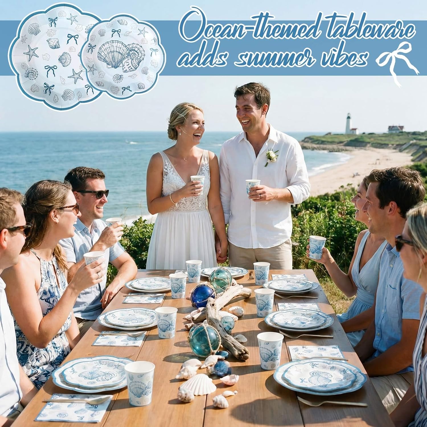 250 Pcs Seashell Party Decorations Plates and Napkins Beach Theme Disposable Tableware Dinnerware for 50 Guests Blue Bow Seashell Paper Plates Napkins Cups for Bridal Shower Coastal Party
