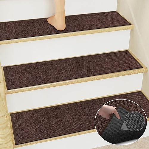 GOYLSER Alfombra antideslizante con parte trasera de goma, alfombra de yute para escaleras alfombradas, peldaños de escalera marrón oscuro, cubierta