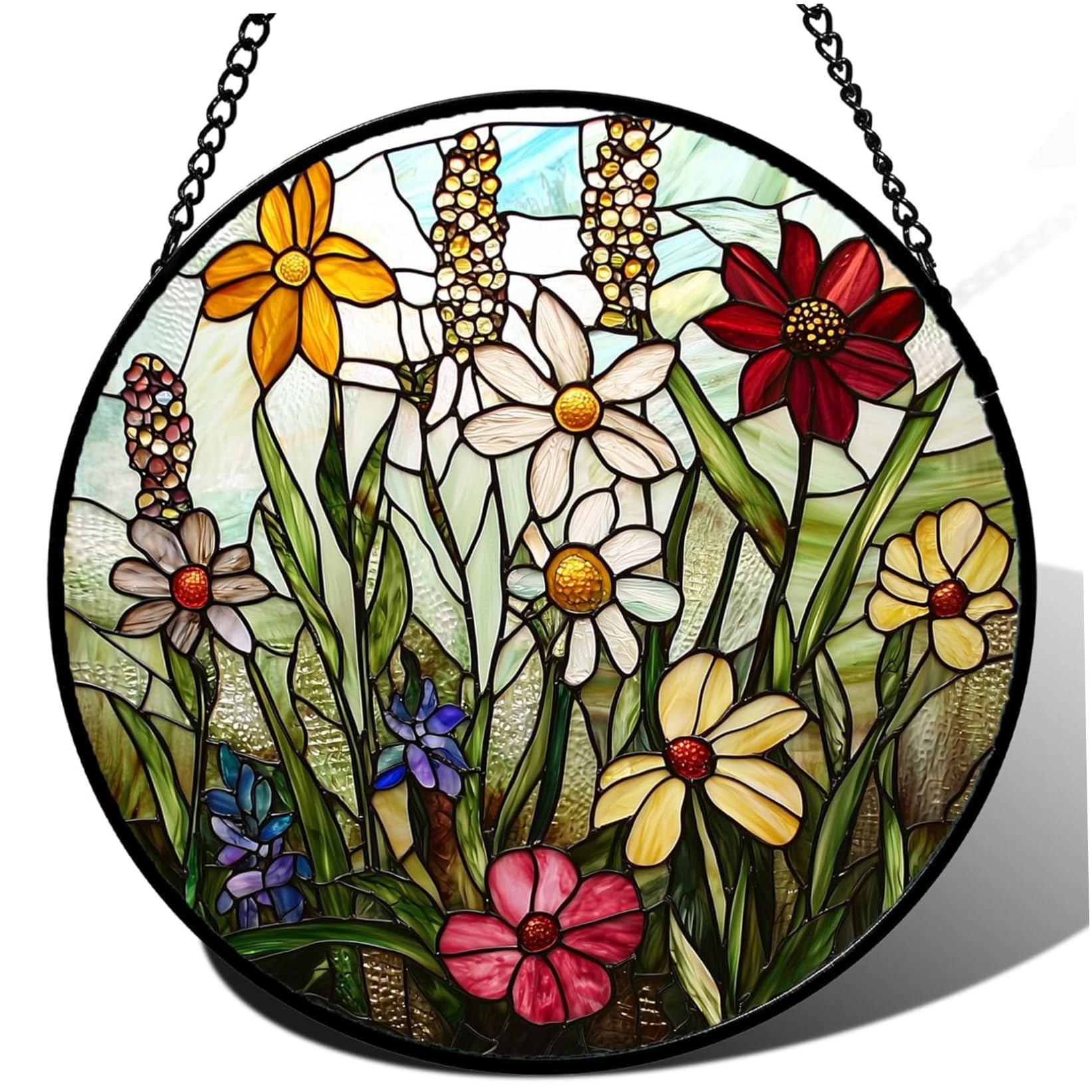 Bemonew Suncatchers for Hanging Stained Glass Window Hanging, Colorful Wildflowers Stain Glass Window Suncatchers for Doors Porches Walls, 5.9 inch