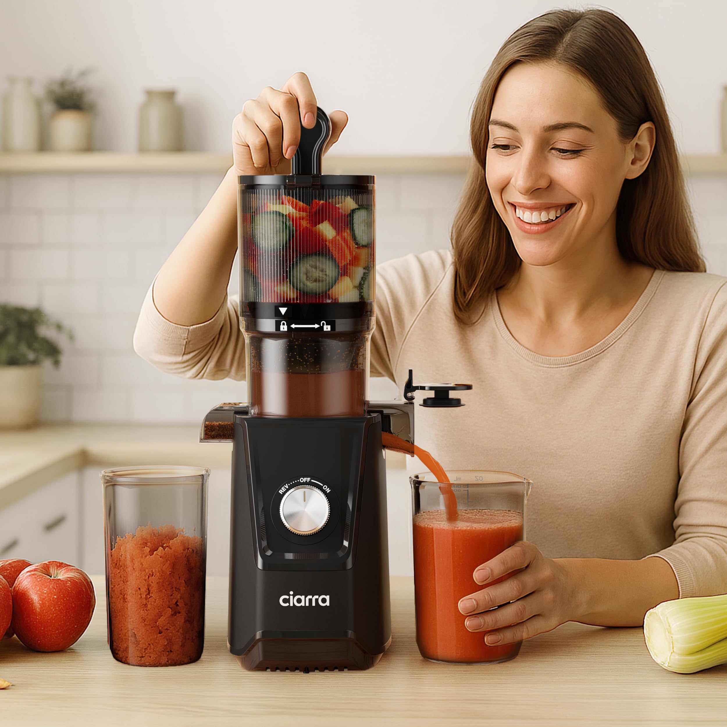Ciarra AWSJ046-B Extracteur de Jus Fruits Légumes, Slow Juicer 1.2L Sans BPA, 108 mm, Noir