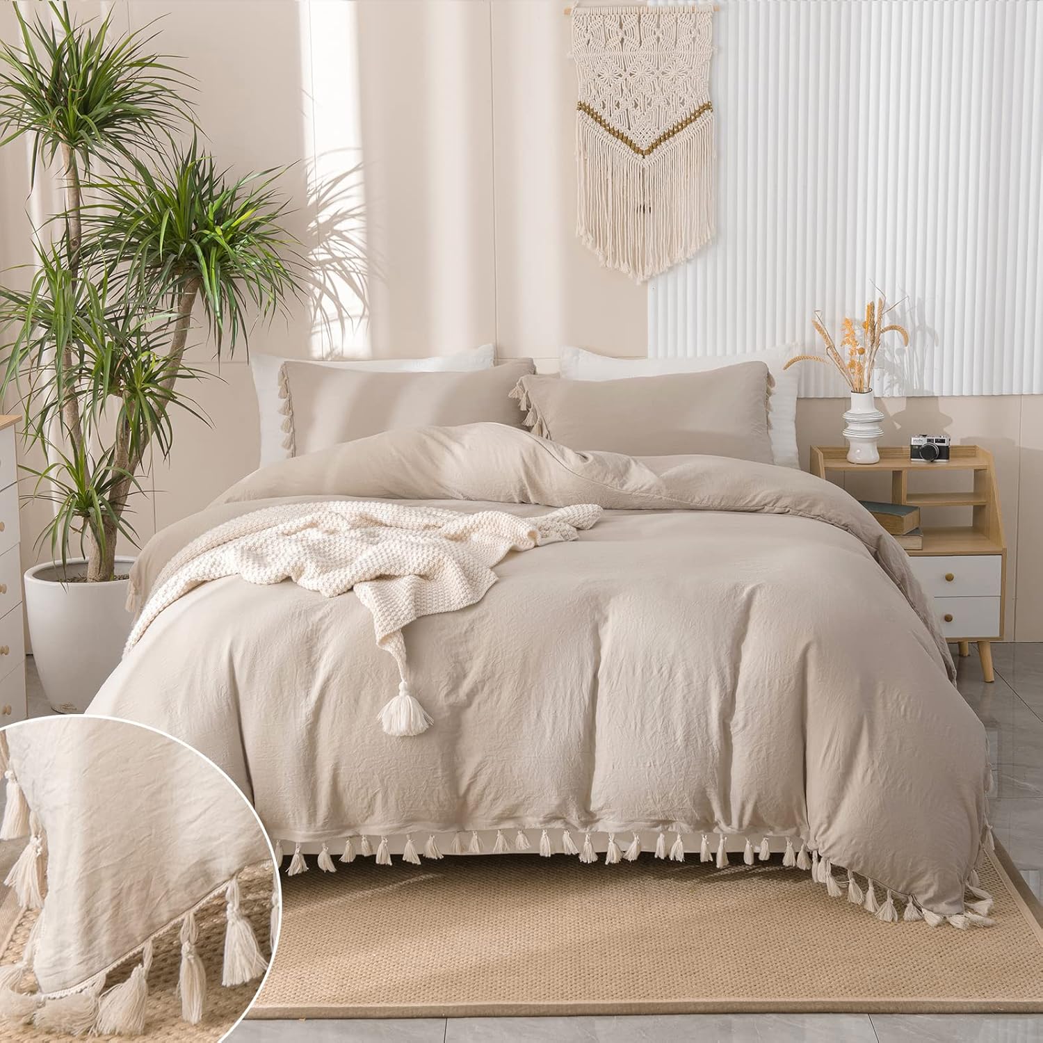 Taupe Duvet Cover Set Queen Boho Bedding Bohemian Farmhouse Hand