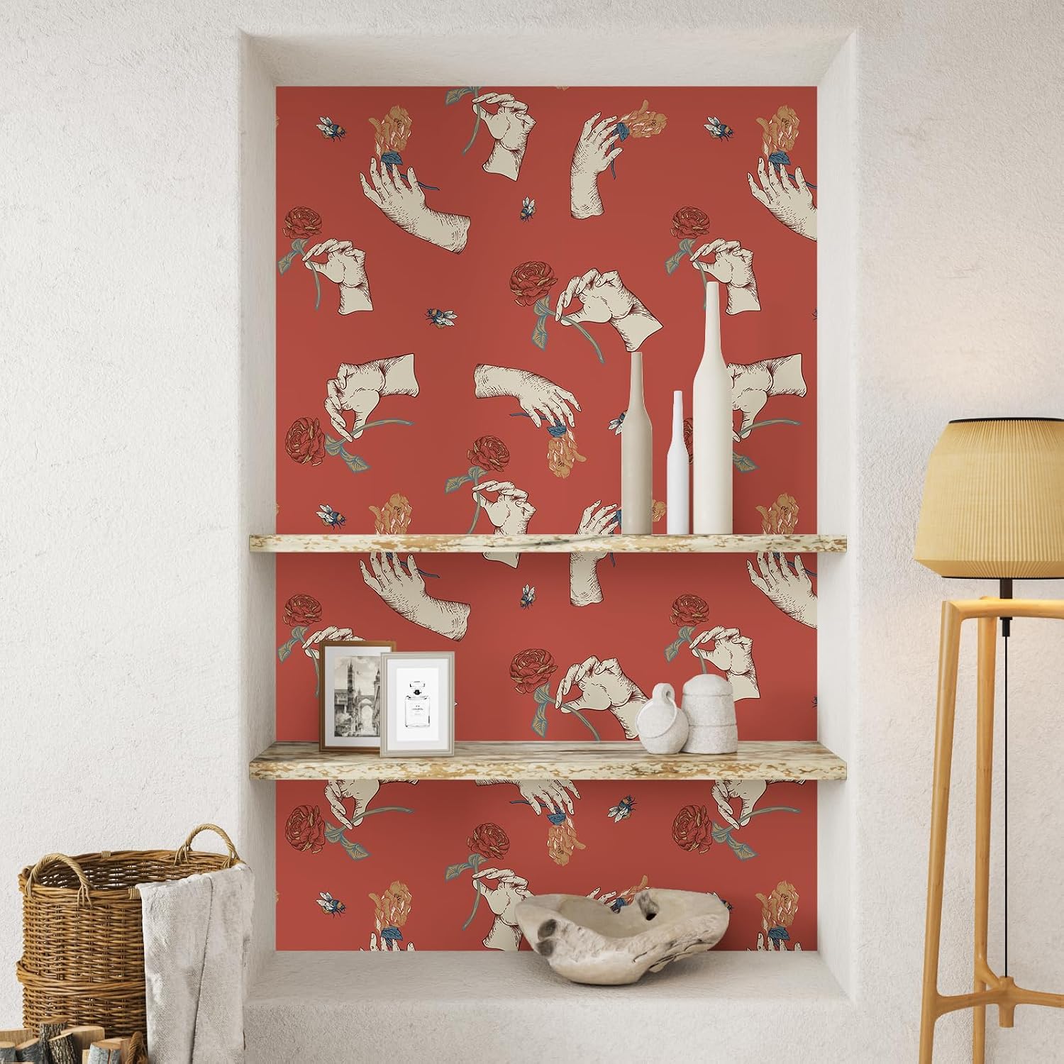VEELIKE Vintage Hand Rose Floral Peel and Stick Wallpaper Orange Art Deco Wallpaper for Bedroom Bathroom Accent Walls 17.7''x118'' Removable Self Adhesive Orange Contact Paper for Cabinets Drawers
