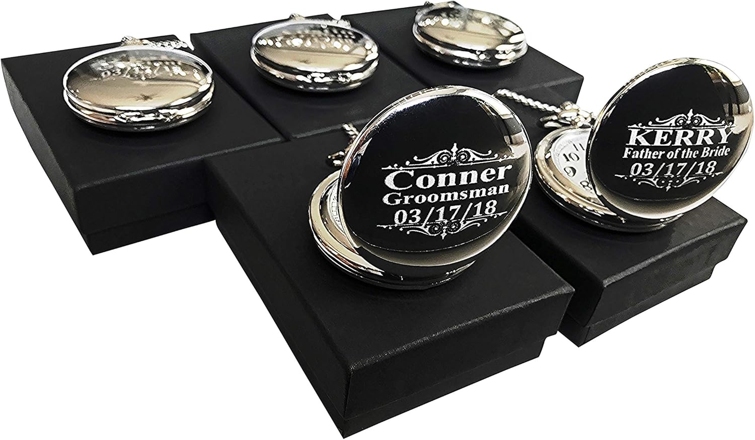 Personalized Pocket Watch Set, 5 Groomsmen Unique Gifts, Chain, Box and Engraving Included, Comes in 4 Colors (Black)