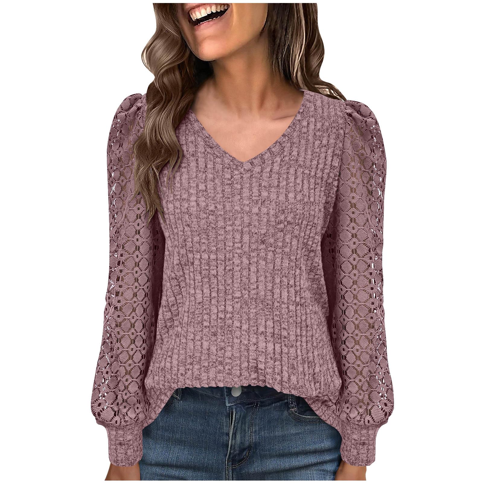 Ribbed Knit Sweater for Women V Neck Casual Loose Long Sleeve Pullover Tops Lace Splicing Elastic Comfy Fall