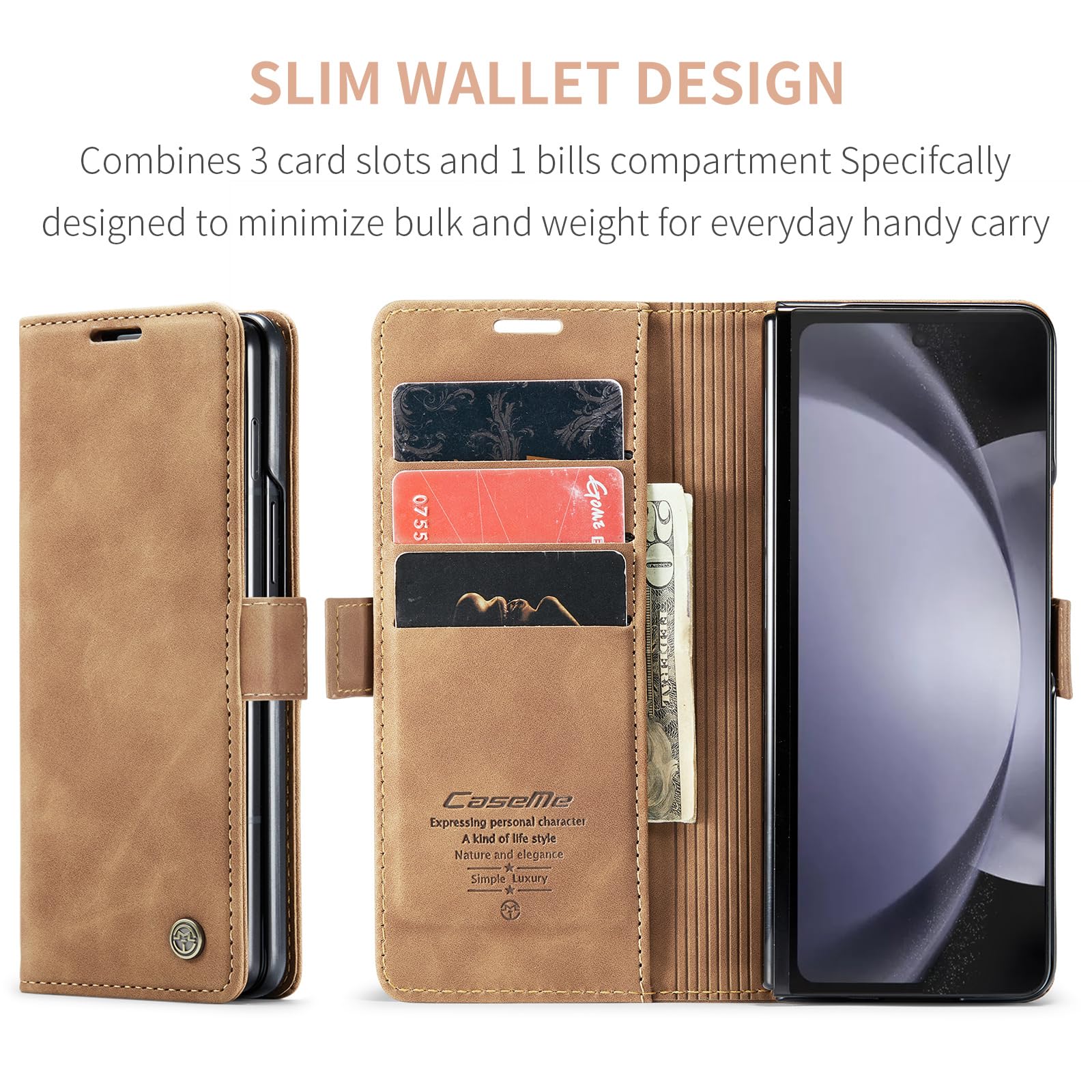 Kowauri for Samsung Galaxy Z Fold 5 Case,Classic Design Leather Wallet Magnetic Closure Flip Case with Kickstand Card Holder Slot Shockproof Protective Cover for Samsung Galaxy Z Fold 5 5G (Brown)