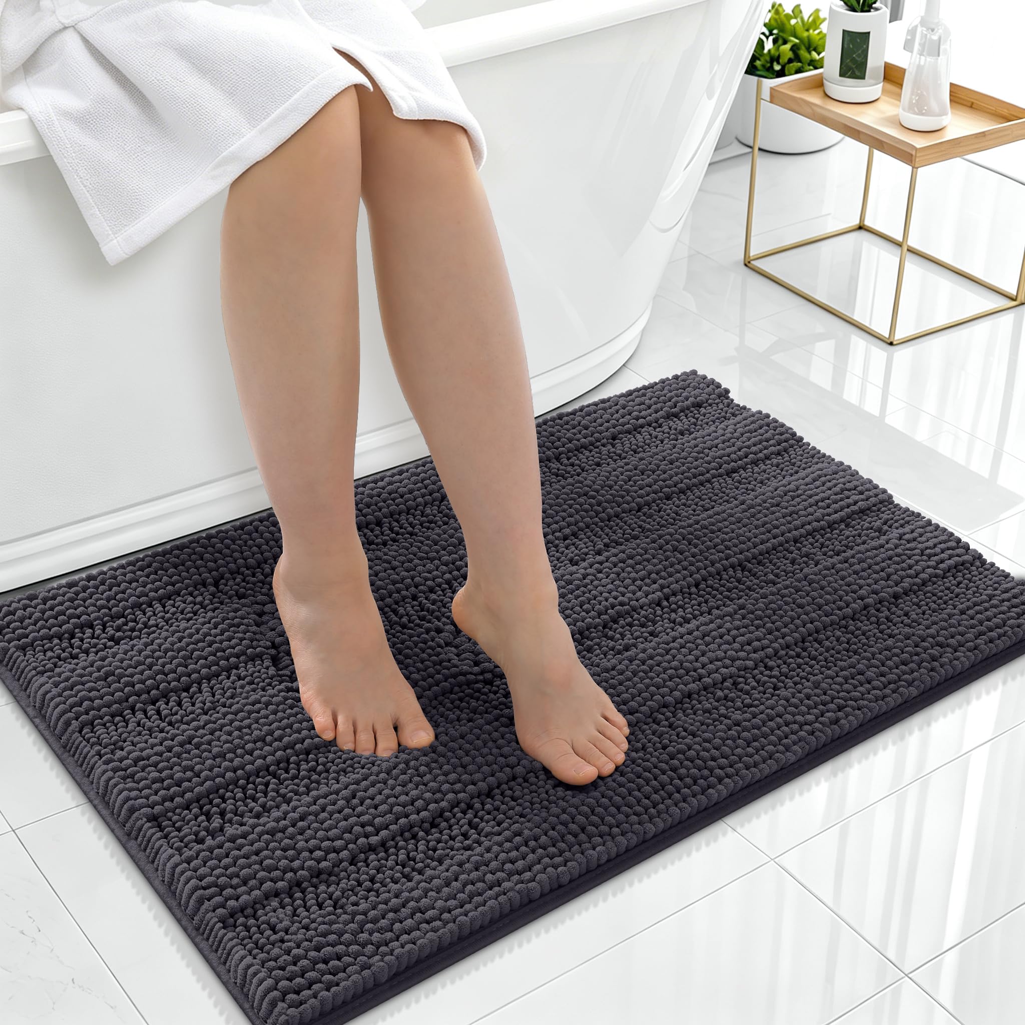 Smiry Thick Chenille Bathroom Rugs 36x24, Absorbent Bath Mat, Dark Grey