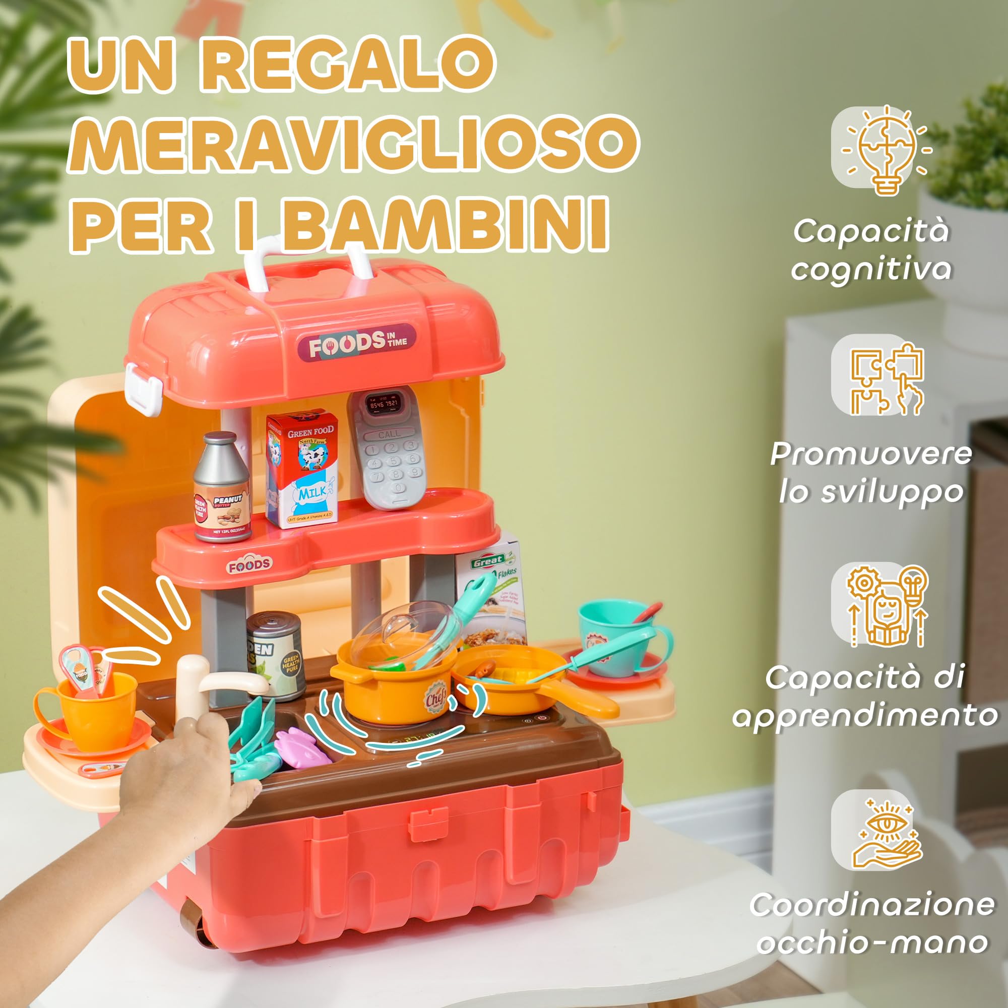 AIYAPLAY Gioco per Bambini 3 in 1 da 36 Pezzi con Tavolo per Posate, Tavolo da Pranzo e Trolley, Cucina Giocattolo in PP e ABS, 48x26x64 cm, Multicolore