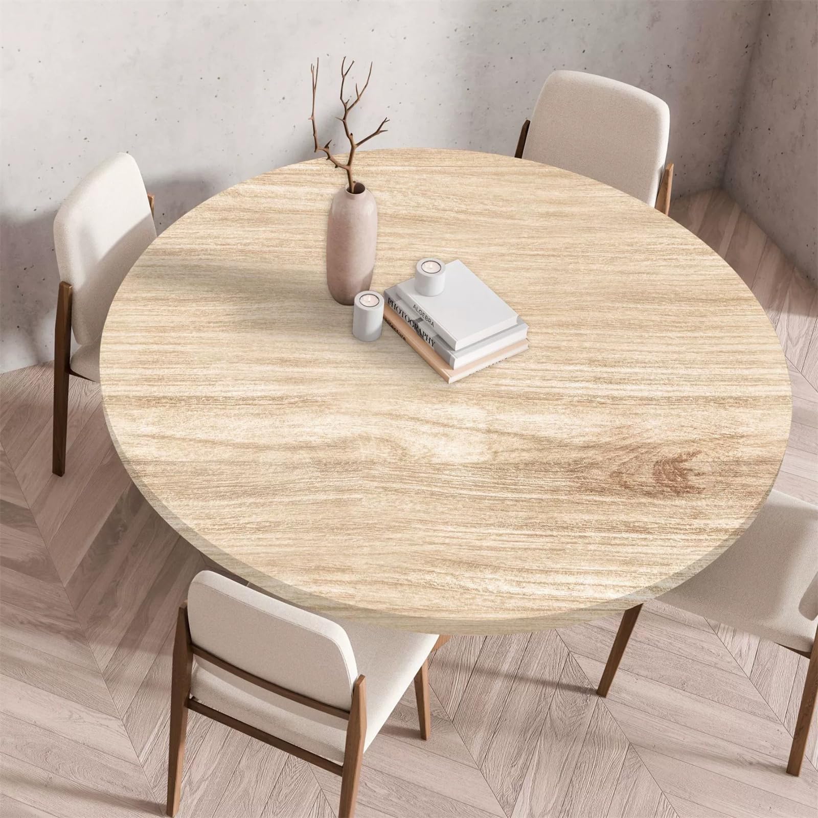 Treer Tree Wipeable Table Cloth Round Tablecloth Protector, Woodgrain Effect Texture Elastic Edged Fitted Backed Splash-Proof Table Cover Washable for Dining Room Kitchen Picnic Party (Beige,100cm)