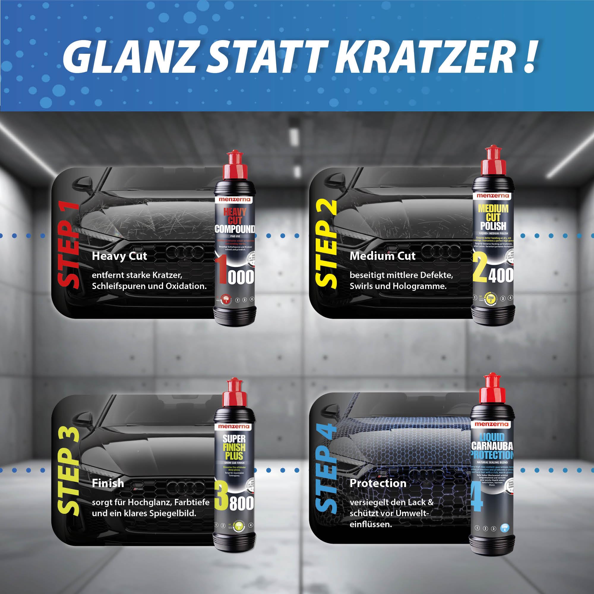 Detailmate Auto Politur Set - Menzerna Autopolitur - Super Heavy Cut Compund HC1000 + Medium Cut 2400 + Super Finish Plus SFP3800 + Liquid Carnauba Wachs + 4 passende Menzerna Pads + Poliertuch
