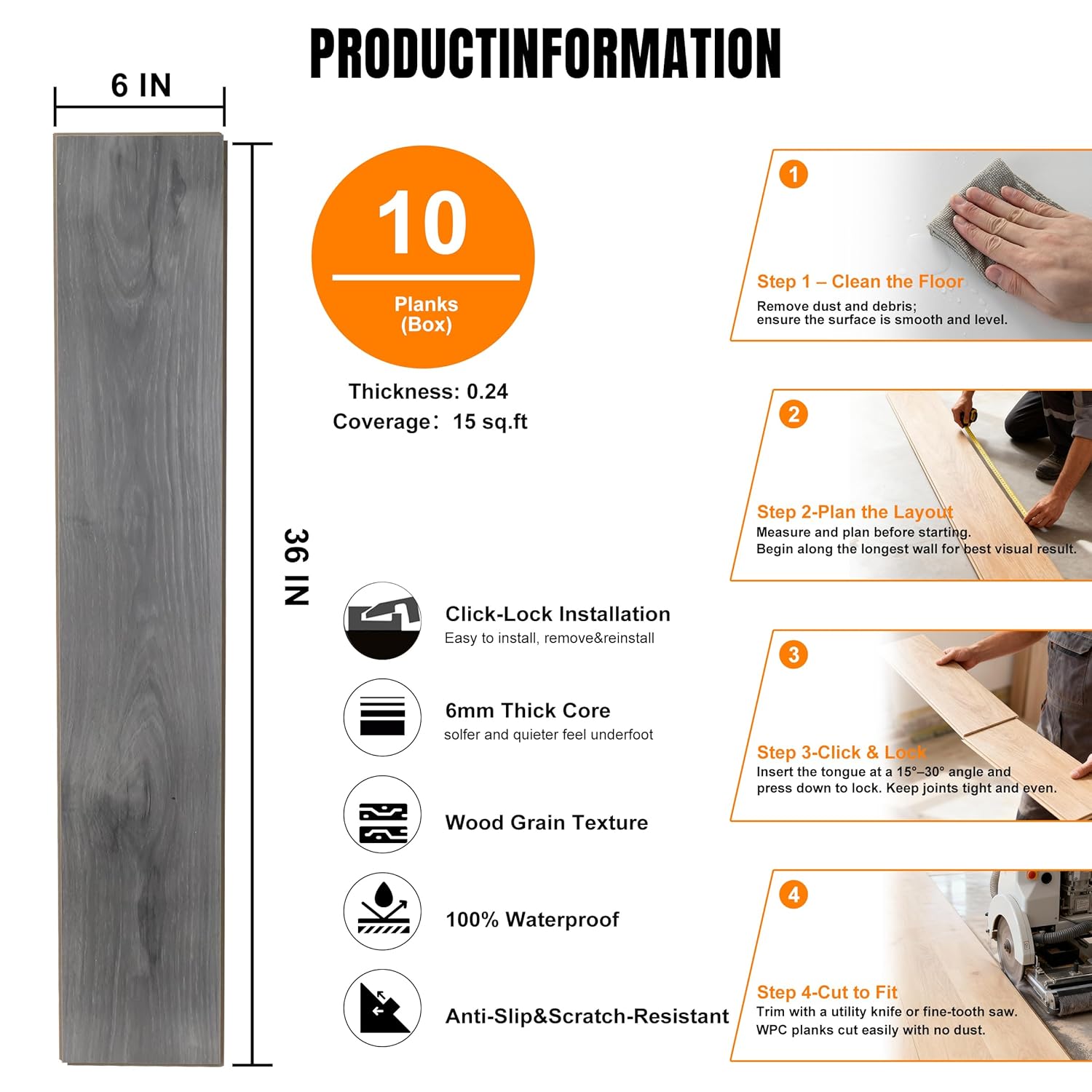15 Sq.Ft.Vinyl Click-Lock Rigid Flooring–Softer & Quieter Underfoot, Non-Slip & Waterproof, Scratch-Resistant,Low-Formaldehyde Comfort Core Planks (Light Grey)