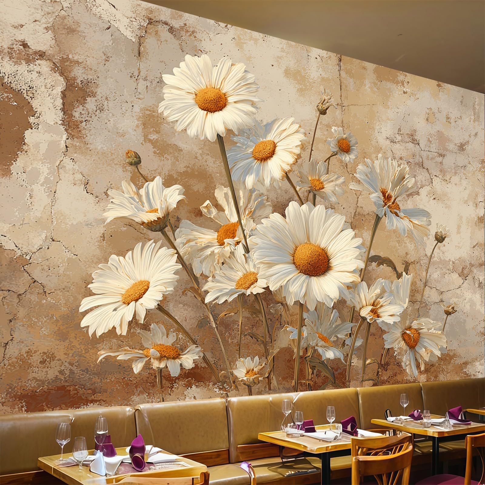 Papier peint 3D panoramique rétro daisy 300x210cm intissé blanc pour salon