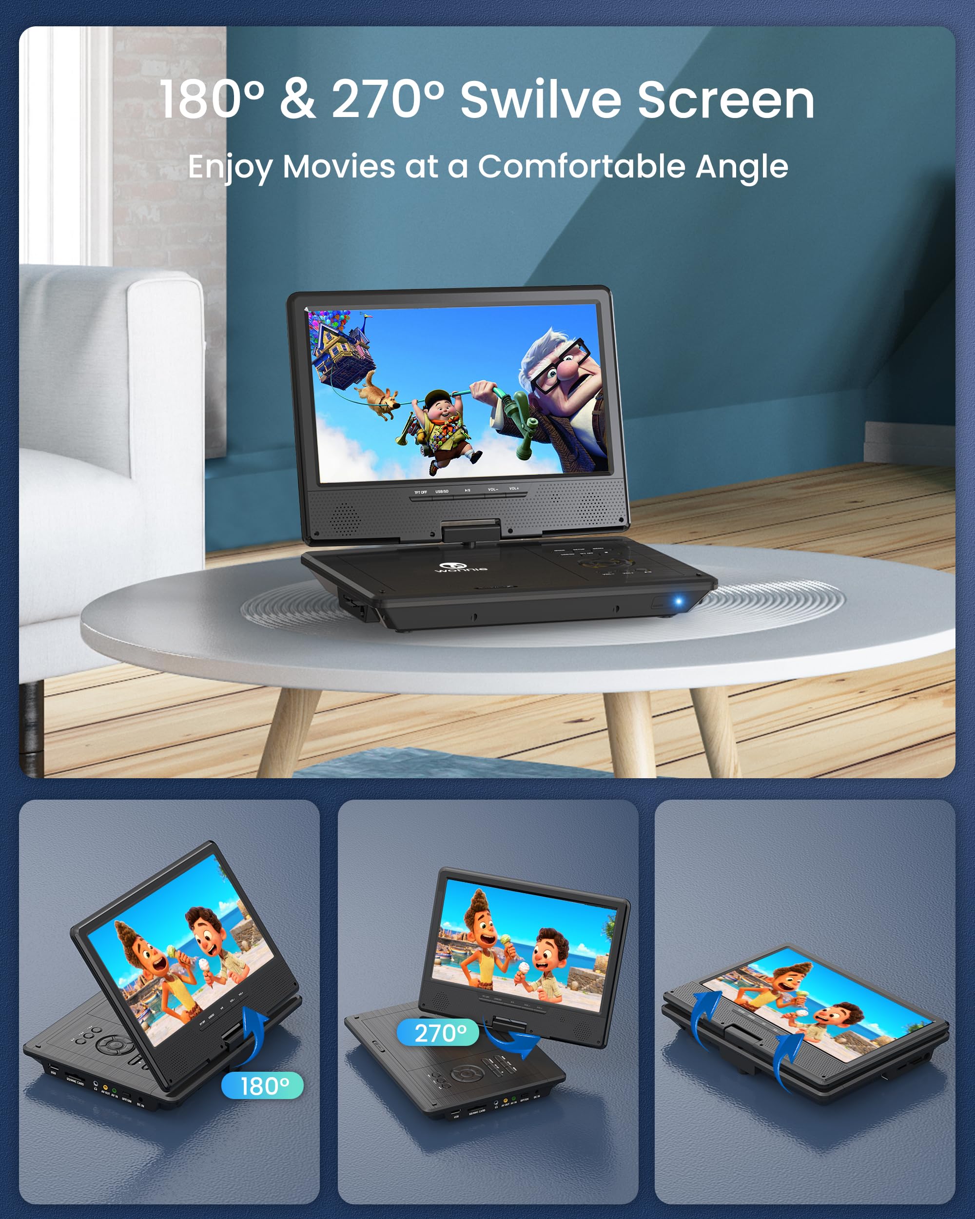WONNIE 12,5 Zoll tragbarer DVD-Player mit 10,5 Zoll drehbarem HD-Bildschirm, mit Auto-Kopfstützenhülle, 5-Stunden-Akku, Autoladegerät und AC-Adapter, unterstützt USB/SD Karte/Sync-TV, alle Regionen