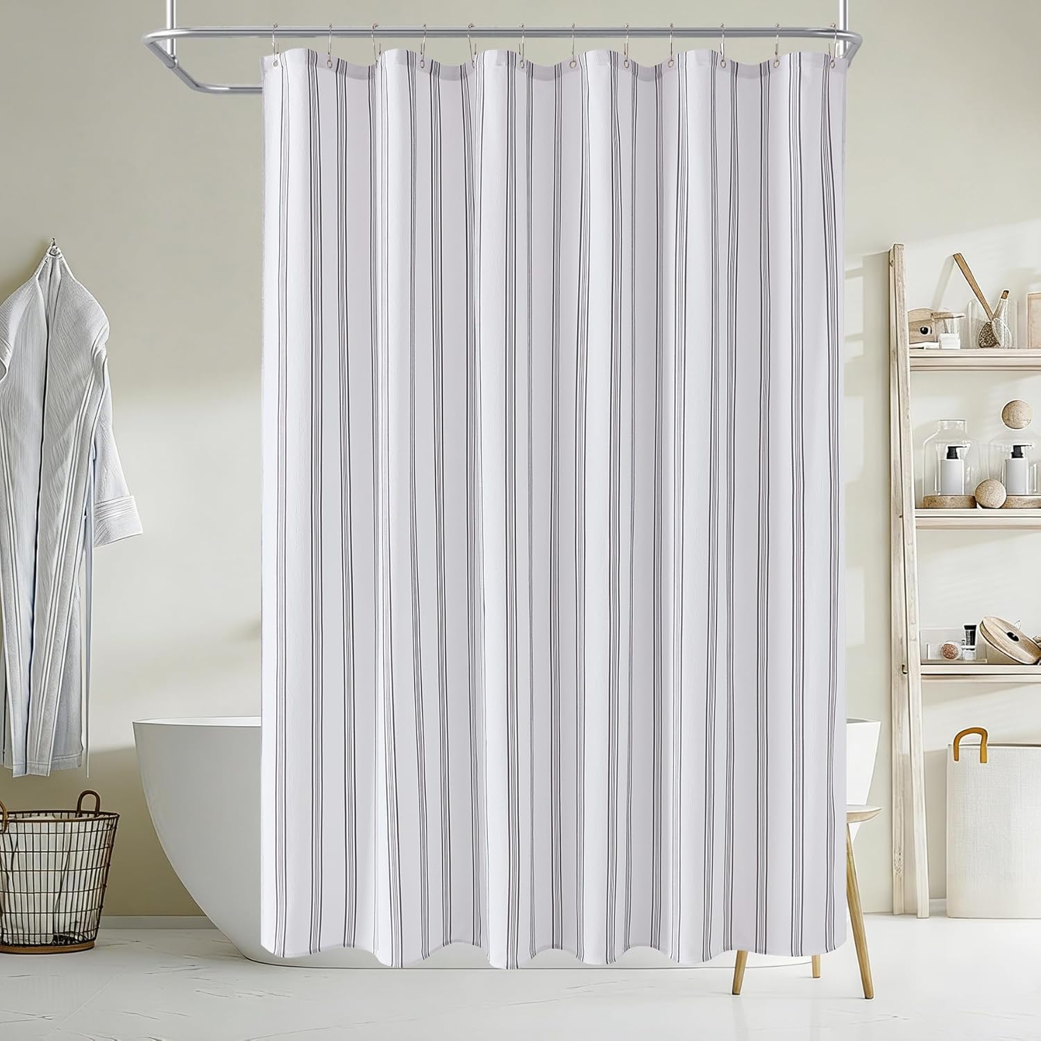 ORTIGIA Black and White Striped Shower Curtain with 12 Metal Hooks, Crinkled Lightweight Textured Fabric Modern Farmhouse Minimalist Shower Curtain for Bathroom 72x72 Inch