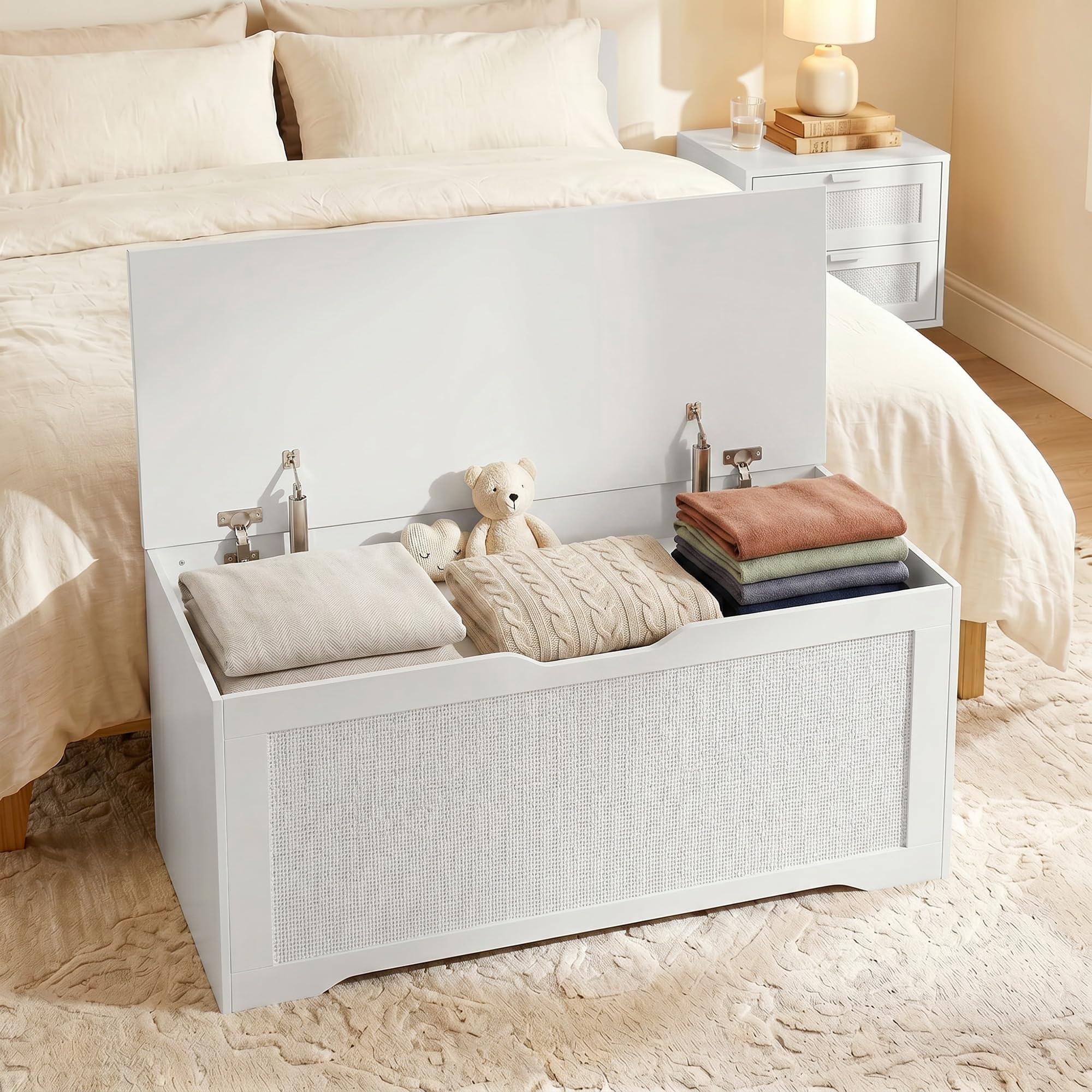 HOMCOM Baúl de Almacenaje 136L Banco de Almacenaje 100x40x45 cm Blanco | Panel de Ratán, Tapa Elevable, Brazos de Soporte, Diseño Sin Tiradores, para Recibidor, Pasillo, Dormitorio, Salón