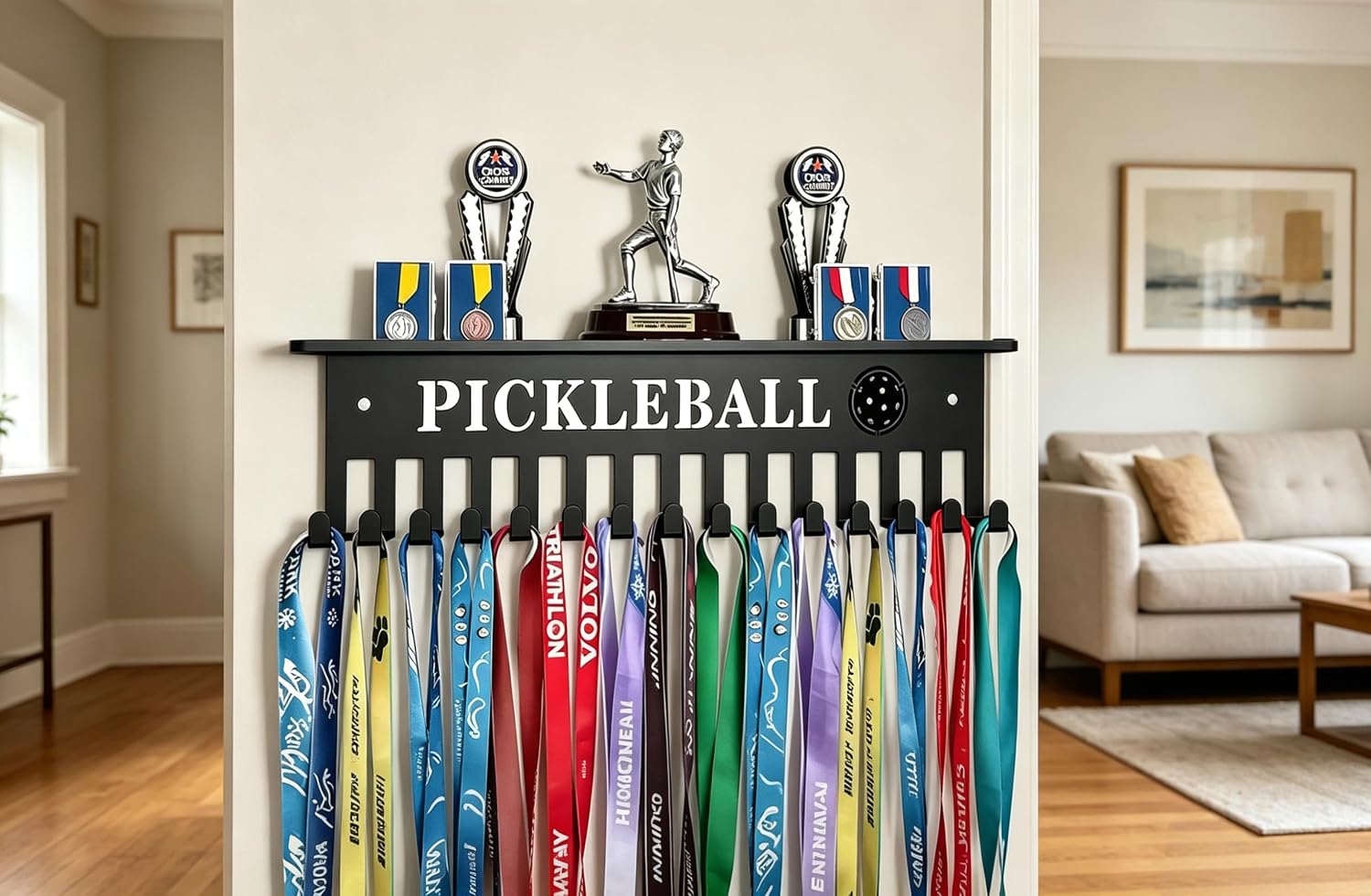 Pickleball Medal Holder, Metal Wall Mount Display Rack with Trophy Shelf and Hooks, Black (15 Hooks)