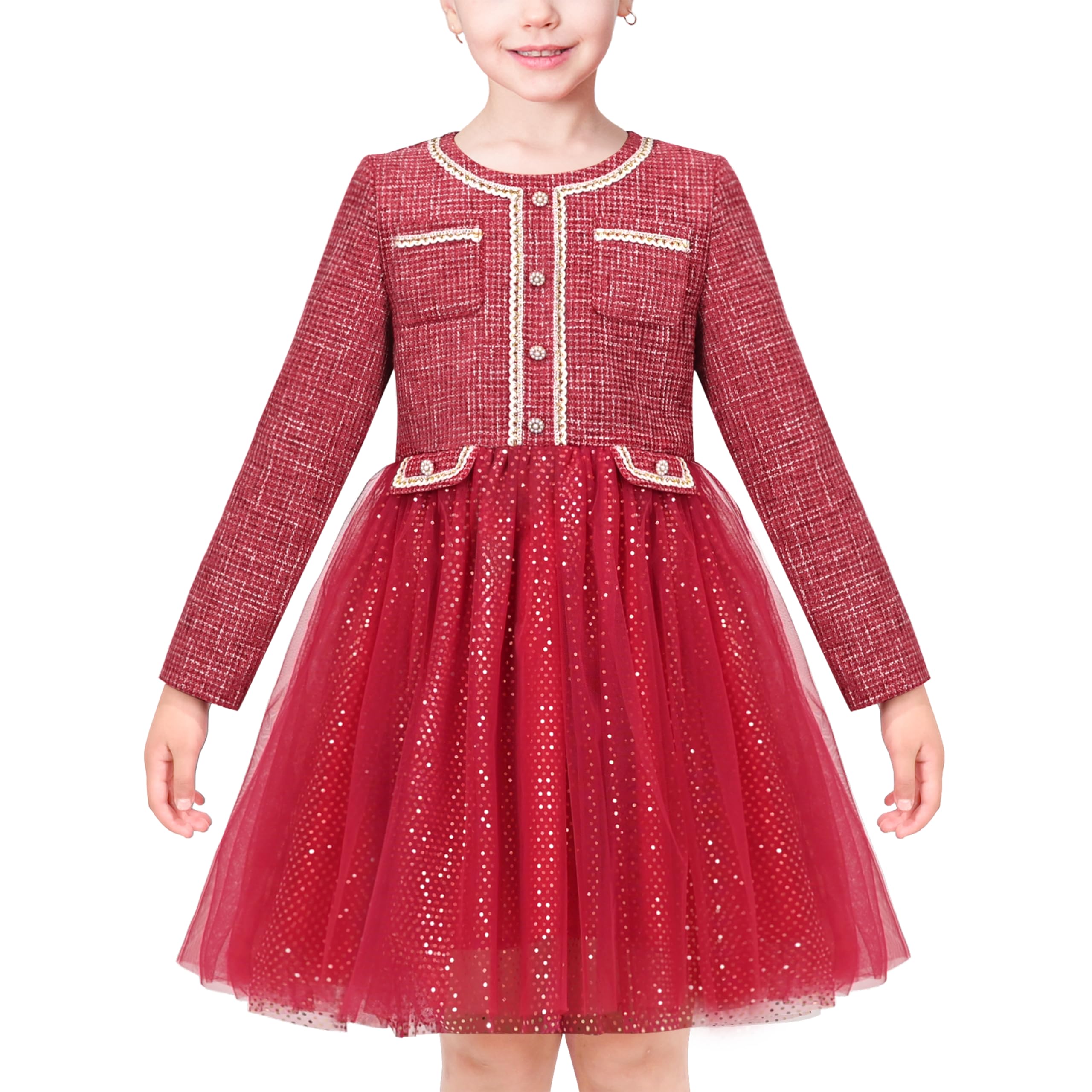Sunny Fashion Vestito Bambina Beige Crema con Cuore e Farfalla in Paillettes Gonna in Tulle Maniche Lunghe