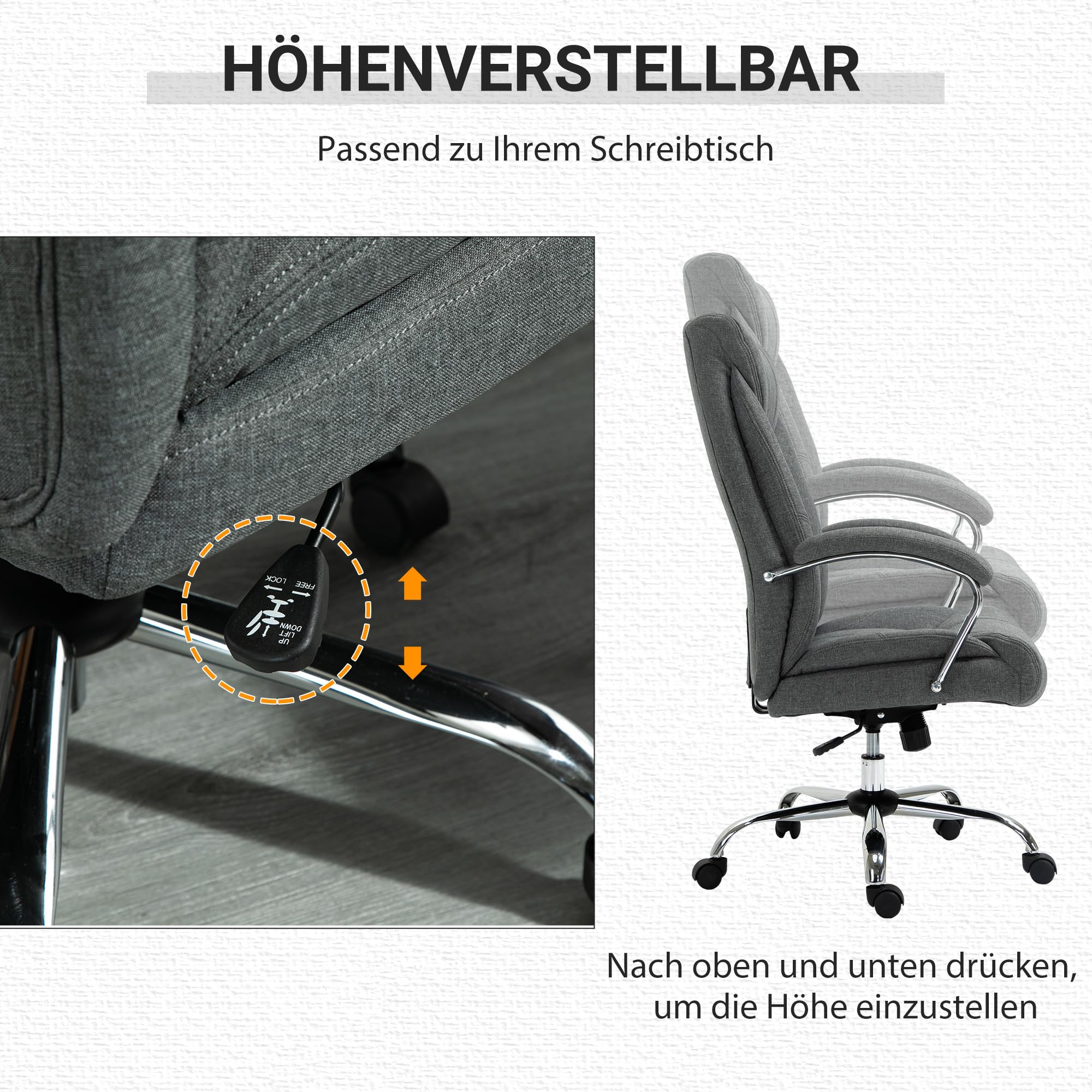 Vinsetto Bürostuhl mit Wippfunktion Kopfstütze Grau 65 x 78 x 110-118 cm