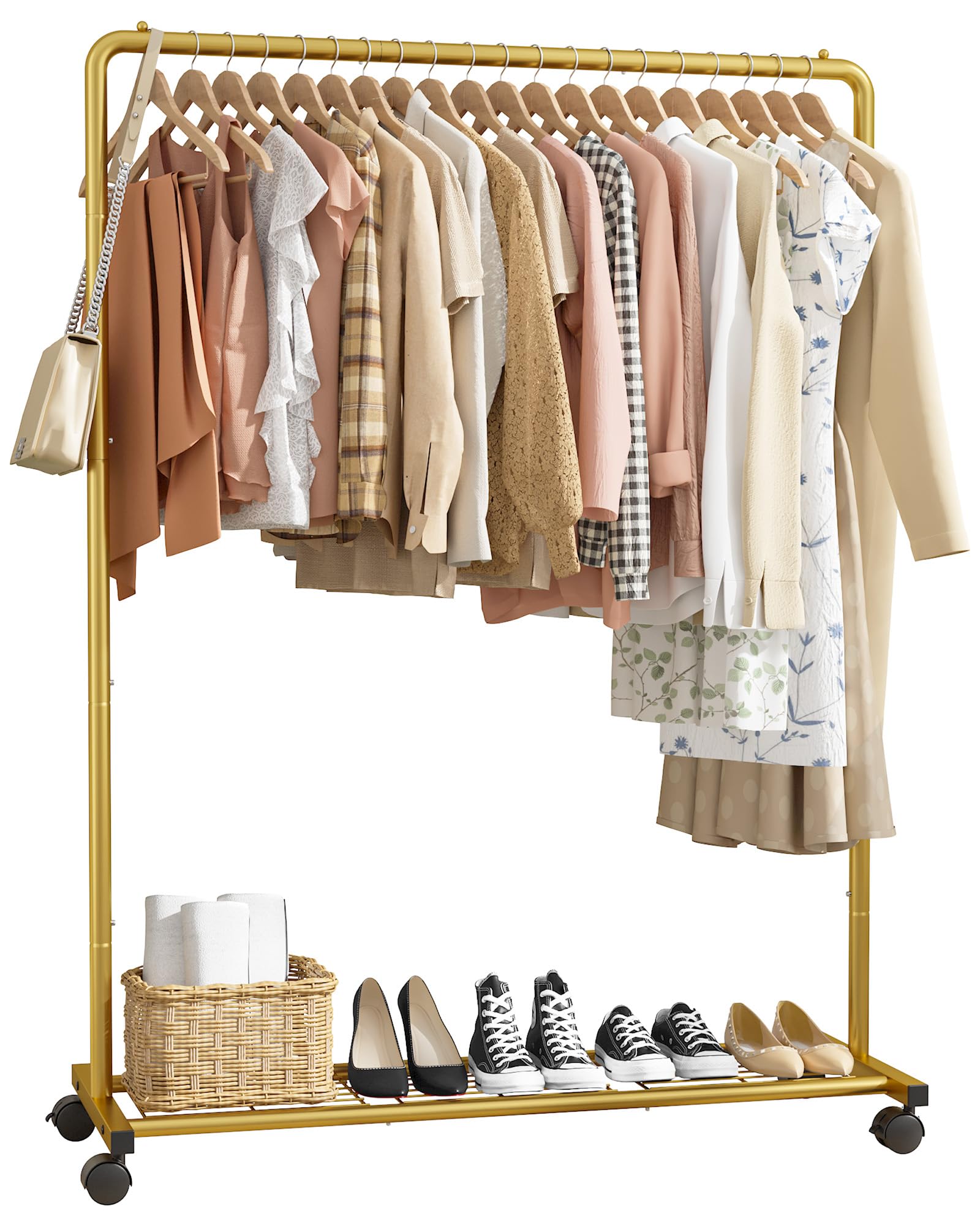 Photo 1 of Sakugi Clothes Rack - Clothing Rack with Storage Mesh Shelf & Casters, Heavy-Duty Metal Clothing Rack for Hanging Clothes, Dresses, Coats, Large Load Capacity, Easy Assembly, Gold, 44.3"x16.9"x59.0"
