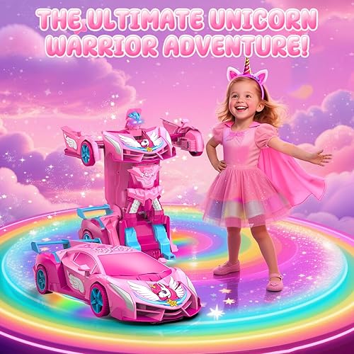 Miniatura 7 de Unicornio Transform RC Cars para niñas, juguetes con brillantes ojos de arcoíris y luces debajo de la carrocería de 2.4 GHz, auto de control remoto