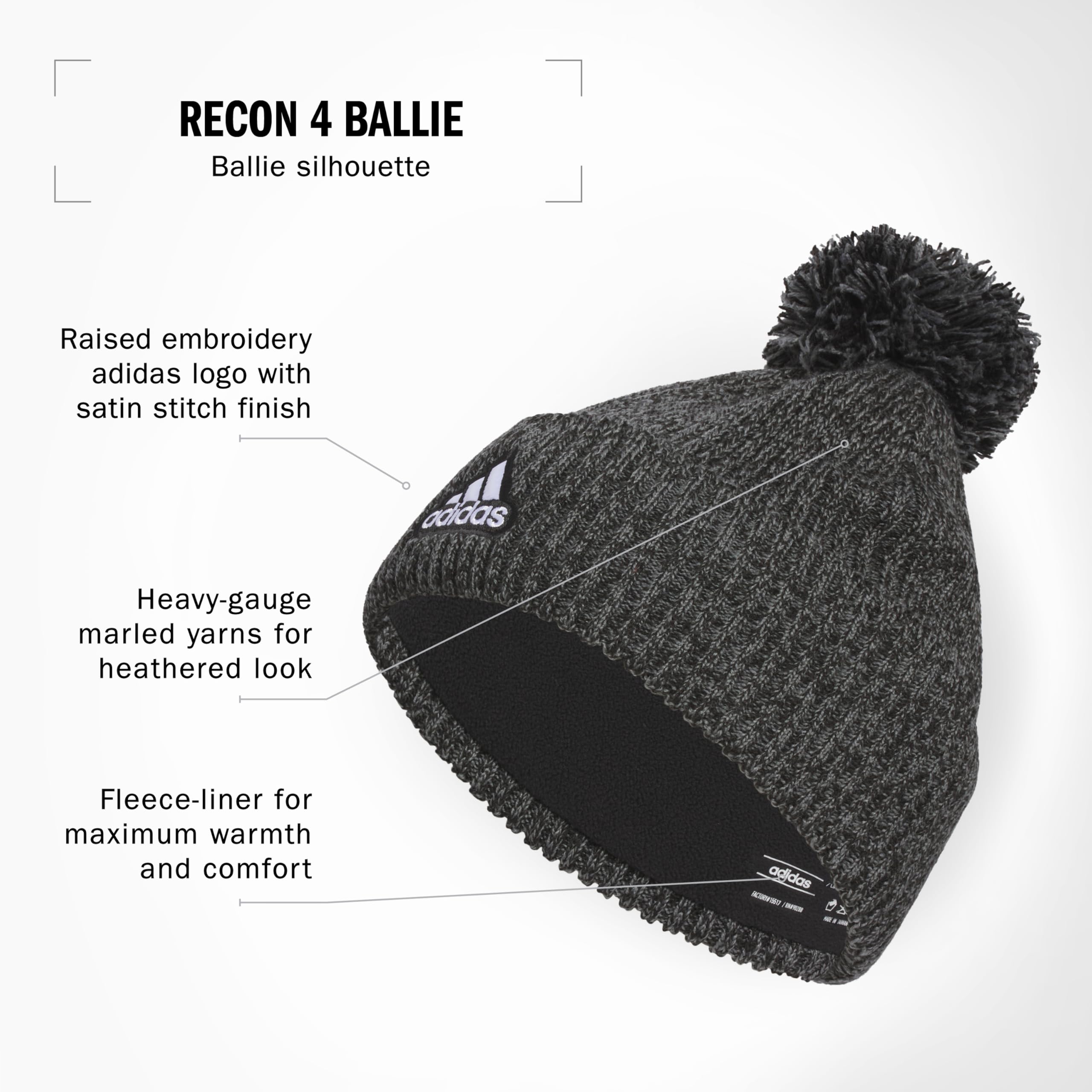 adidas Recon Ballie Pom Tall Fit Fold Beanie Warm Fleece-Lined Double Layer Cuffed Style - Sombrero de Copa Baja Hombre