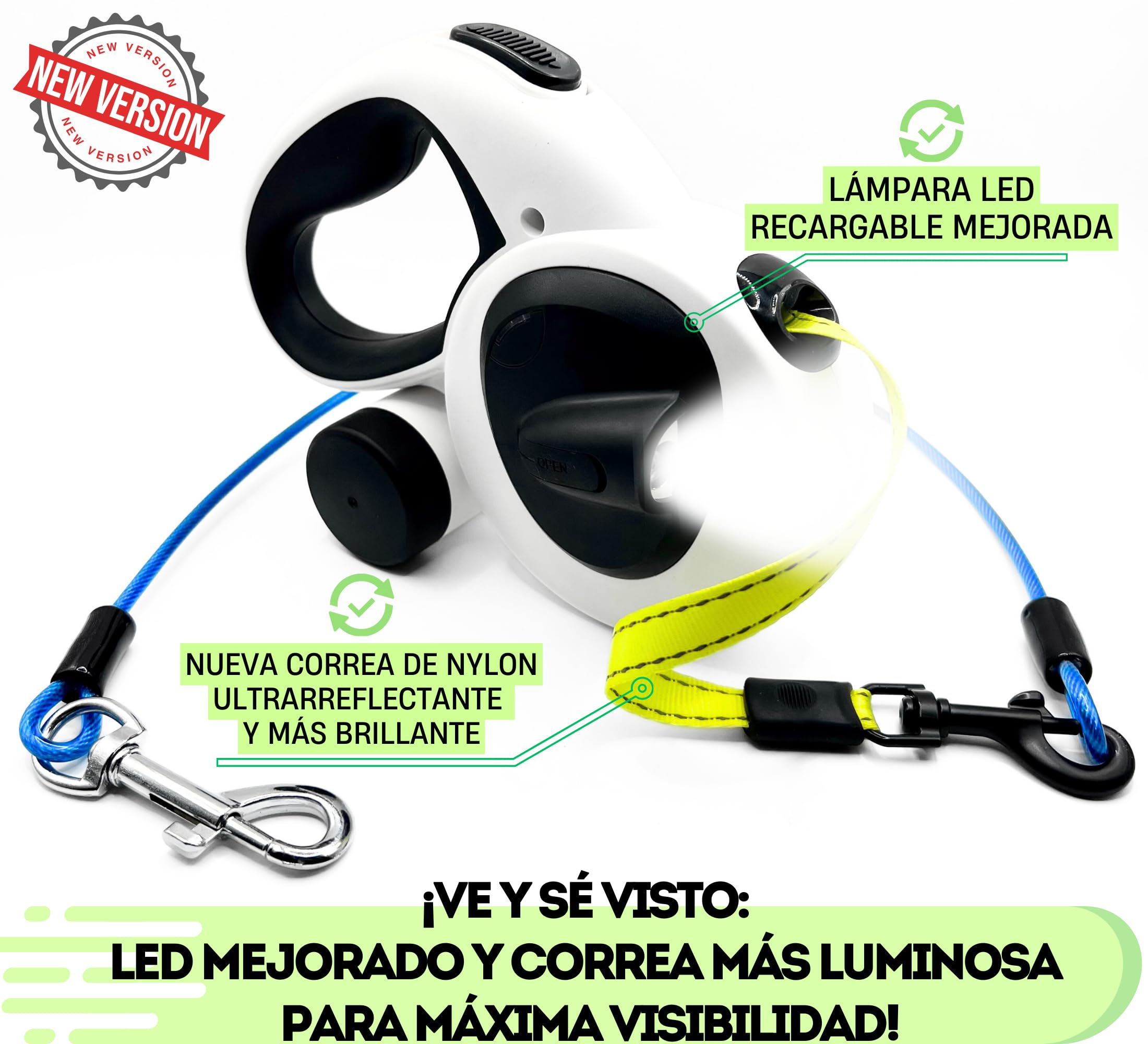 Snuggle Paws Correa Perro Extensible 5m Todo en Uno – Luz LED, Dispensador de Bolsas, Cable Antimordida y Cinta Reflectante | Correa Retráctil para Perros Medianos hasta 30kg
