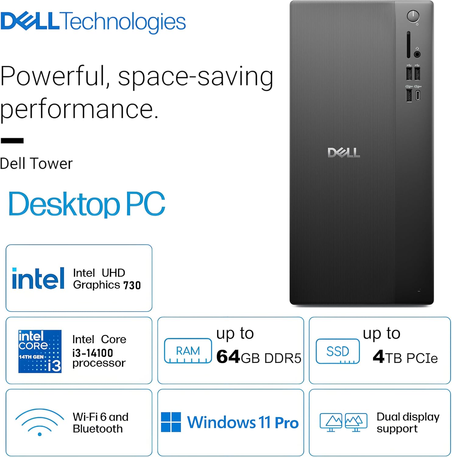 Dell ECT1250 Tower Desktop Computer for Ultimate Home & Office Multitasking, 14th Gen Intel 4-Core CPU, 64GB DDR5 RAM, 2TB PCIe SSD, 4K Dual Monitor Support, WiFi 6, Bluetooth, Windows 11 Pro