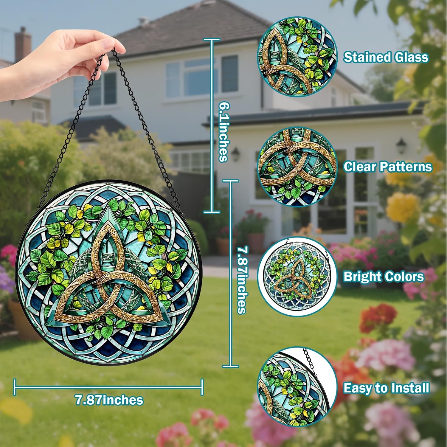 Celtic Knot Stained Glass Window Hanging, Suncatcher Diamond Glass Panel Hangings, Sun Catchers Indoor Windows Wall Art Decoration, Christmas Decor for Home Office Garden Green 7.87 inches - Image 2