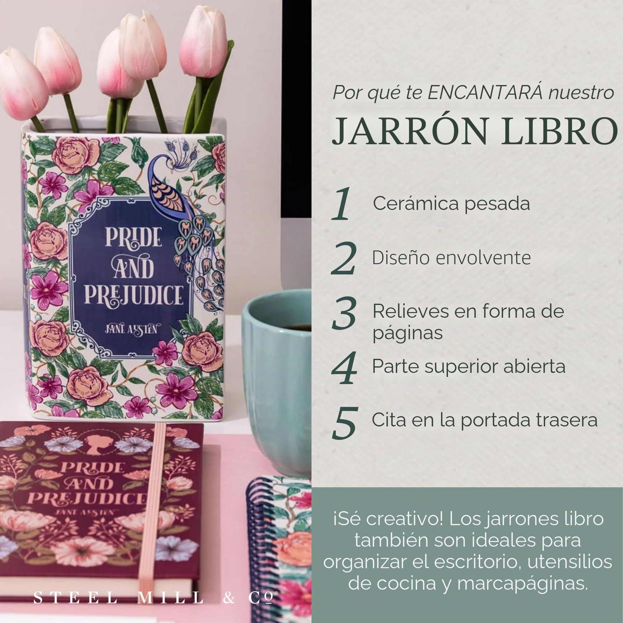 Steel Mill & Co - Jarrón Decorativo en Forma de Libro, jarrones de cerámica para decoración del hogar, Bonita decoración de estantería, jarrón único para los Amantes de los Libros (Grande, Orgullo y