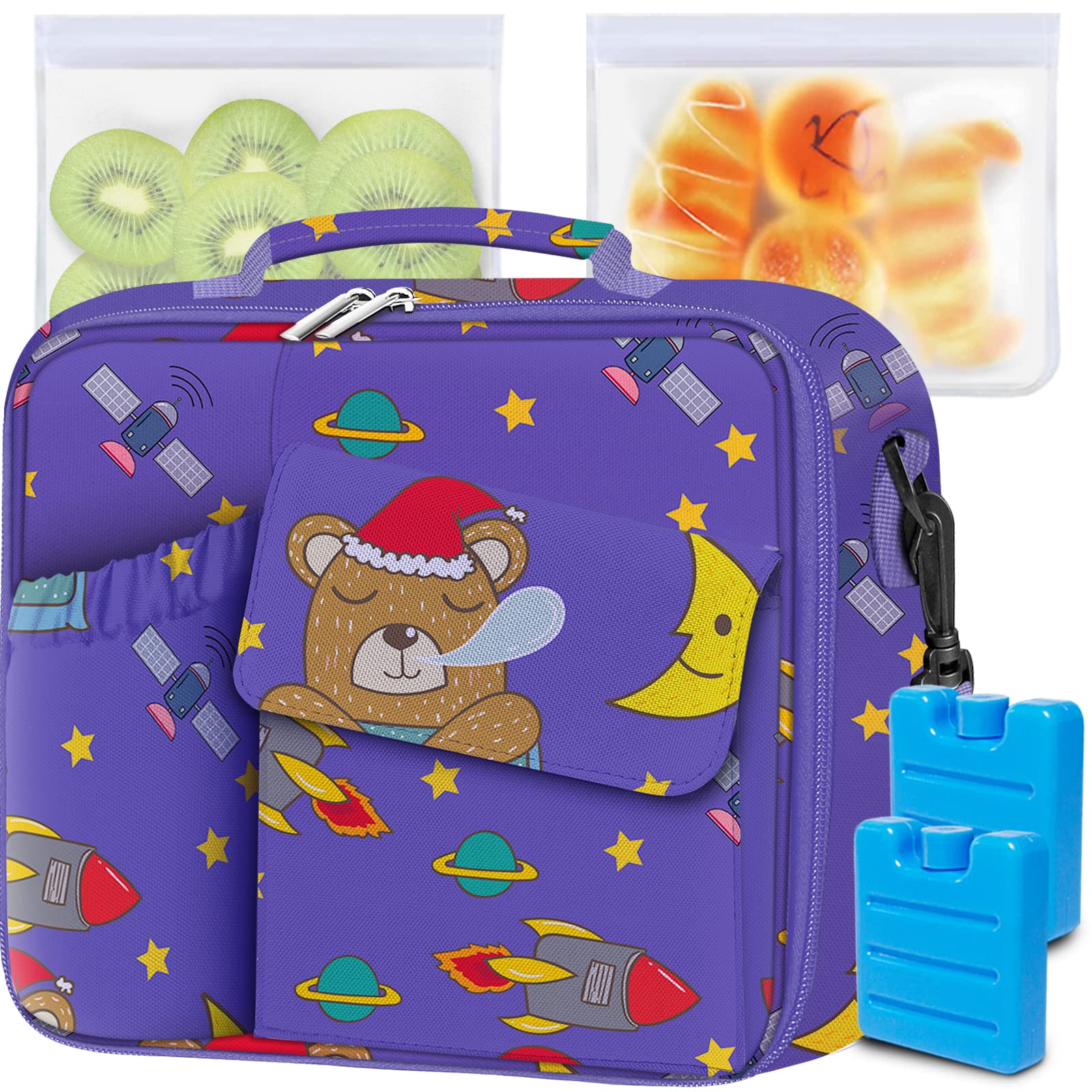 TORRYZA Kids Lunch Box, Expandable Insulated Lunch Bag for Girls/Boys, Double Reusable Storage Bags & 2 Ice Packs, Lunch Tote Bag for School/Picnic