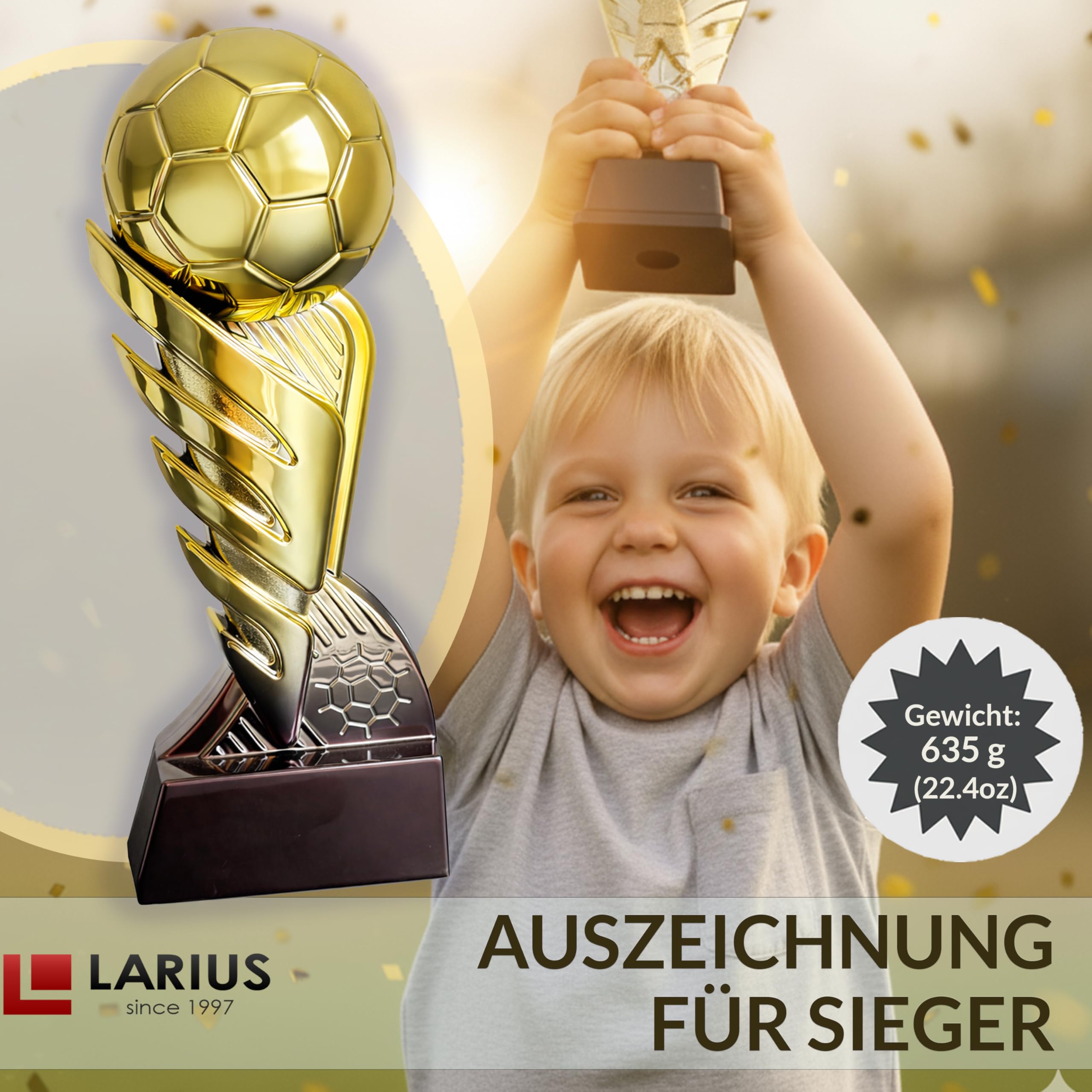 Larius Trophée de football doré avec ballon (21,5 cm, 635 g) - Trophée de football avec gravure en option - Coupe de vainqueur pour tournois, clubs et compétitions de football - S3