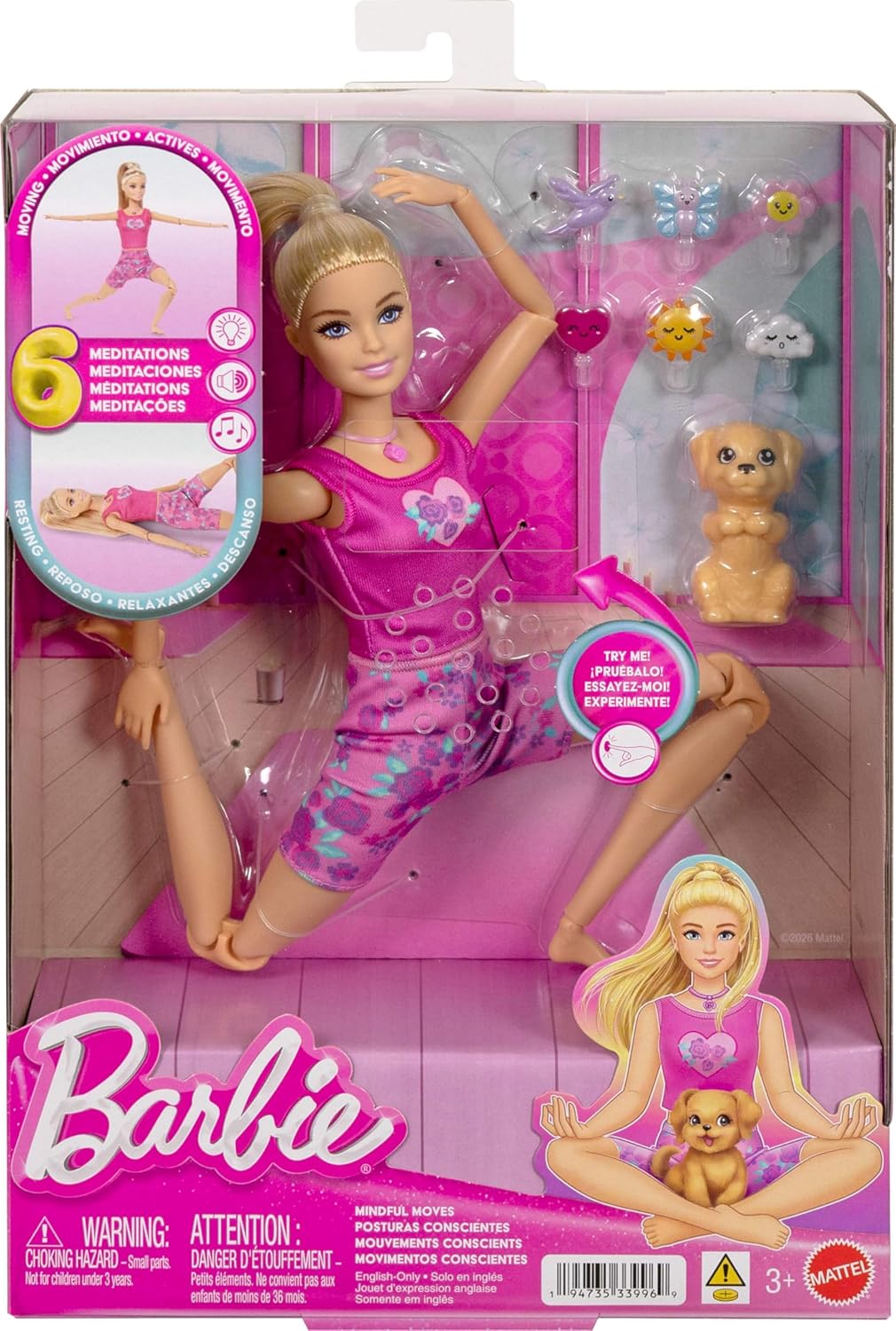 Barbie Mindful Moves Doll in Yoga Clothes with 6 Guided Meditation Audio Clips, Music and Lights, Puppy with 6 Plug-in Accessories, Blonde