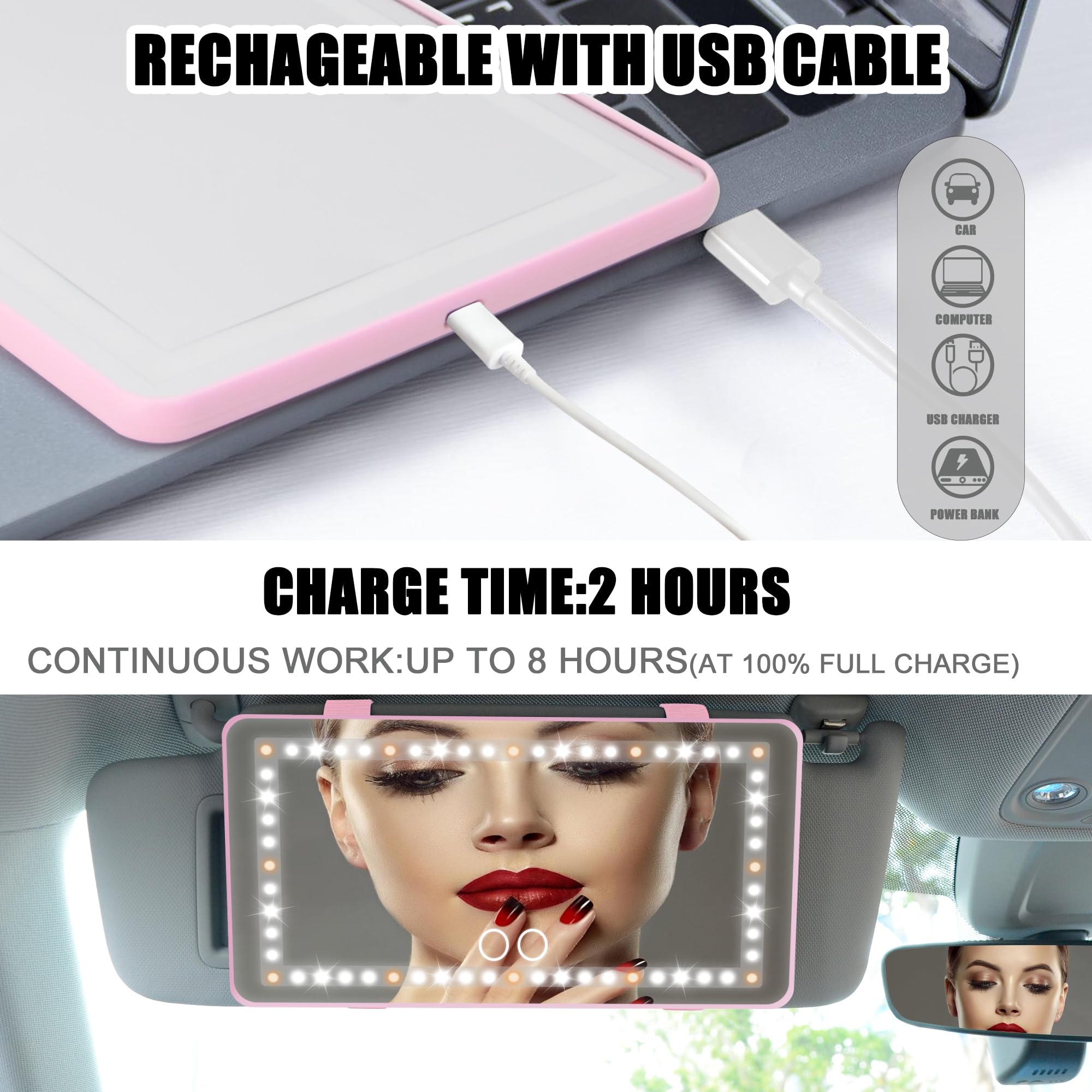 Miroir de courtoisie avec pare-soleil de voiture, miroir de maquillage avec 3 modes d'éclairage et 60 LED, lumière LED rechargeable avec écran tactile à intensité variable, miroir cosmétique de voyage