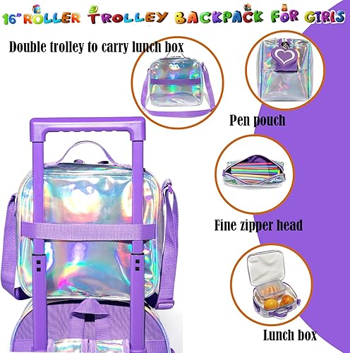 Miniatura 5 de Egchescebo Mochila con ruedas para niñas de 16 pulgadas 3 unidades Purple-lg-lpg