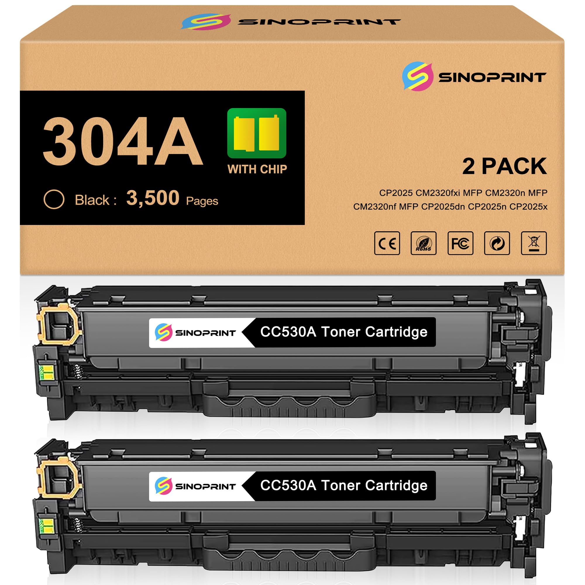 SINOPRINT 304A Black Toner Cartridges Replacement for HP Color LaserJet CP2025,CM2320fxi MFP,CM2320nf MFP,CM2320n MFP,CP2025dn,CP2025n Printers (2-