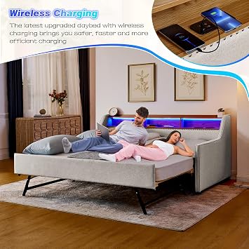 Twin Daybed w/Pop Up Trundle & Wireless Charger, Upholstered Sofa Day Bed Frame w/LED/USB/Type C/Storage Headboard, Twin to King Trundle Bed for Bedroom, Living Room, No Box Spring Needed, Beige