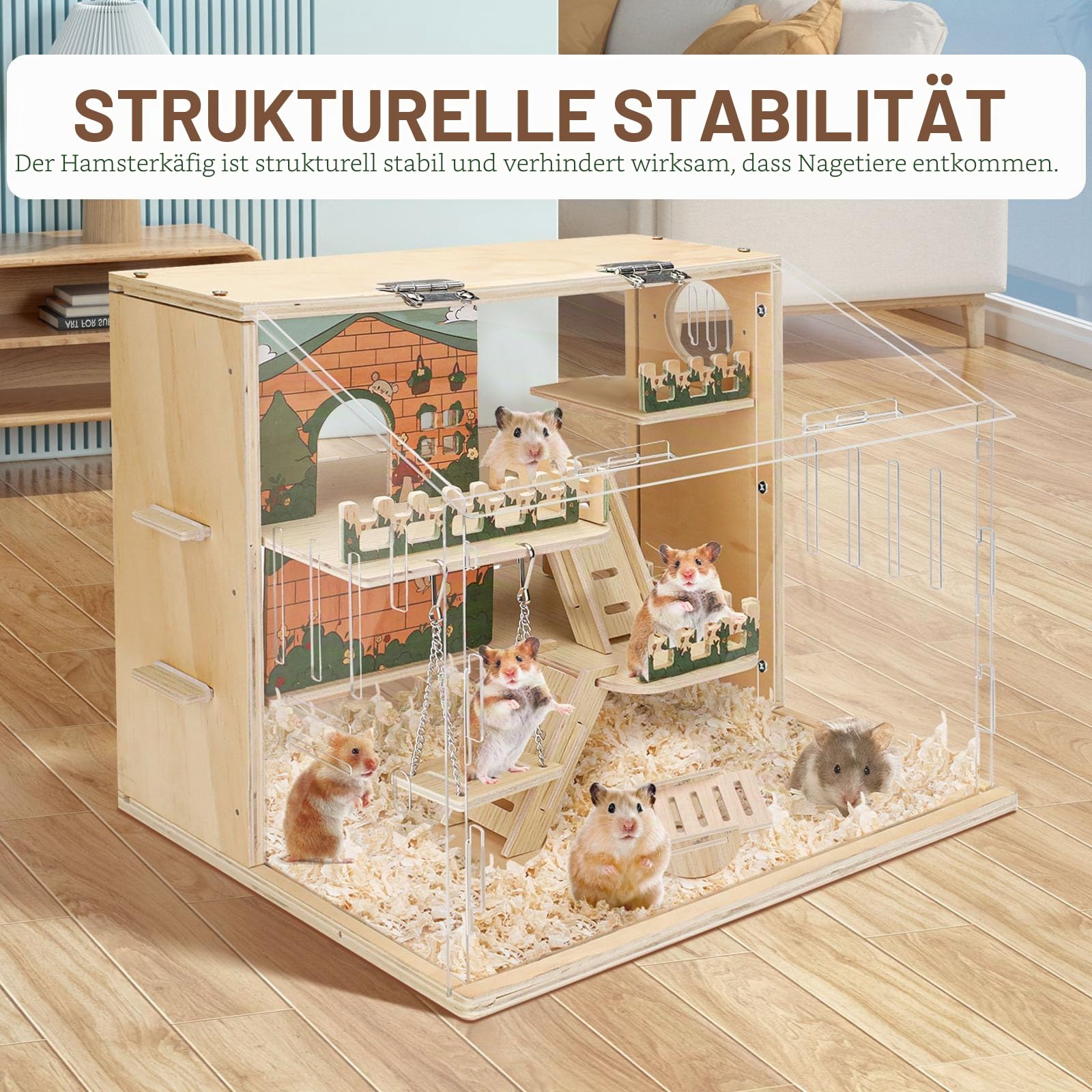 Hamsterkäfig Holz Groß 40.6 cm 3-lagiger Acryl Hamsterkäfig Kleintierkäfig mit Plattform und Laufstall für Direkte Beobachtung, Haustierbedarf