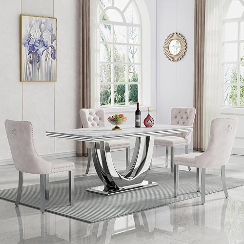 Miniatura 70 de Juego de mesa de comedor de mármol sintético, 7 piezas, juego de mesa de cocina y comedor para 6, mesa de comedor rectangular blanca de 70 pulgadas