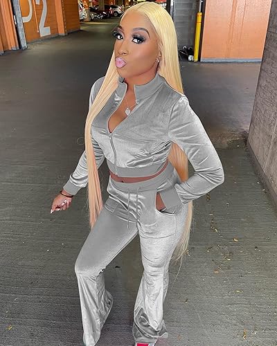 Miniatura 5 de FIVCAT Women Velour Sweat Suits 2 Piece Outfits Tracksuits Long Sleeve Zip Up Jacket Flare Pants Cute Casual Matching Suit