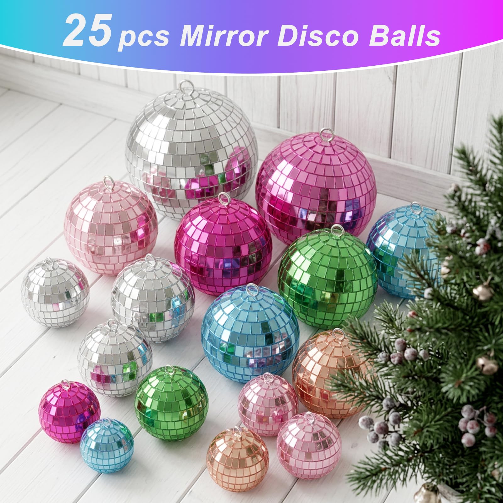 Kaluofan Lot de 25 boules à facettes colorées - Mini boules à facettes - Rose/bleu/vert - Petites boules disco à suspendre - Pour sapin de Noël, mariage, maison, fête, fête d'anniversaire
