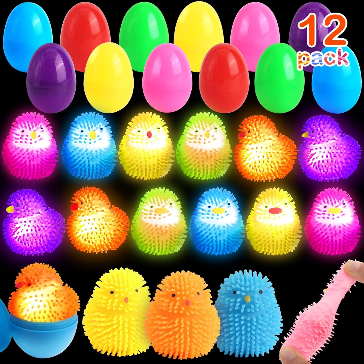 SURCVIO 12 Pack Easter Eggs Fillers LED Chick Puffer Balls, Easter Basket Stuffers with Light Up Stress Relief Fidget Toys Squeeze Ball, Easter Egg Hunt Party Favor for Kids Boys Girls Toddler Teens