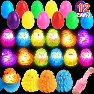 SURCVIO 12 Pack Easter Eggs Fillers LED Chick Puffer Balls, Easter Basket Stuffers with Light Up Stress Relief Fidget Toys Squeeze Ball, Easter Egg Hunt Party Favor for Kids Boys Girls Toddler Teens