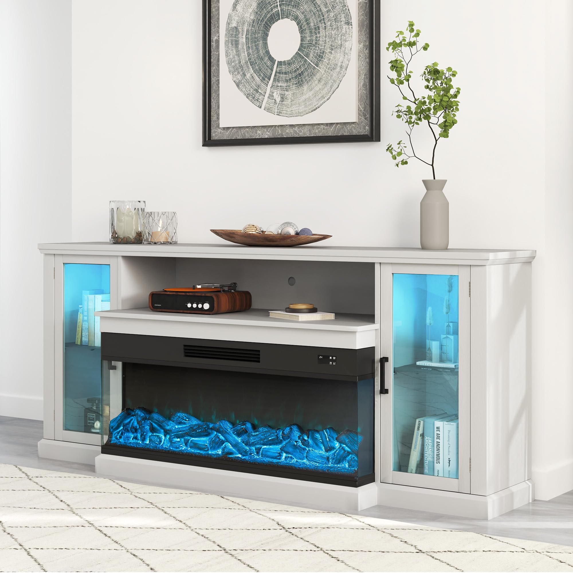 72.8" Farmhouse Fireplace TV Stand with 3 Sided Glass Electric Fireplace, Entertainment Center for Television up to 80 Inch, Media Console Table with