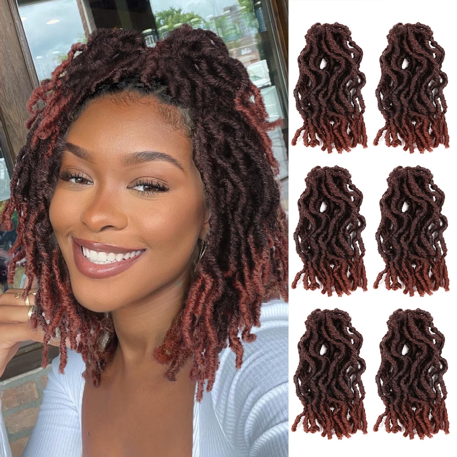 FANCEE Faux Locs Crochet Hair 8 Inches Short Curly Dreadlocks for Black Women Pre Looped Short Wavy Soft Locs Ombre Reddish Brown Crochet Dreads
