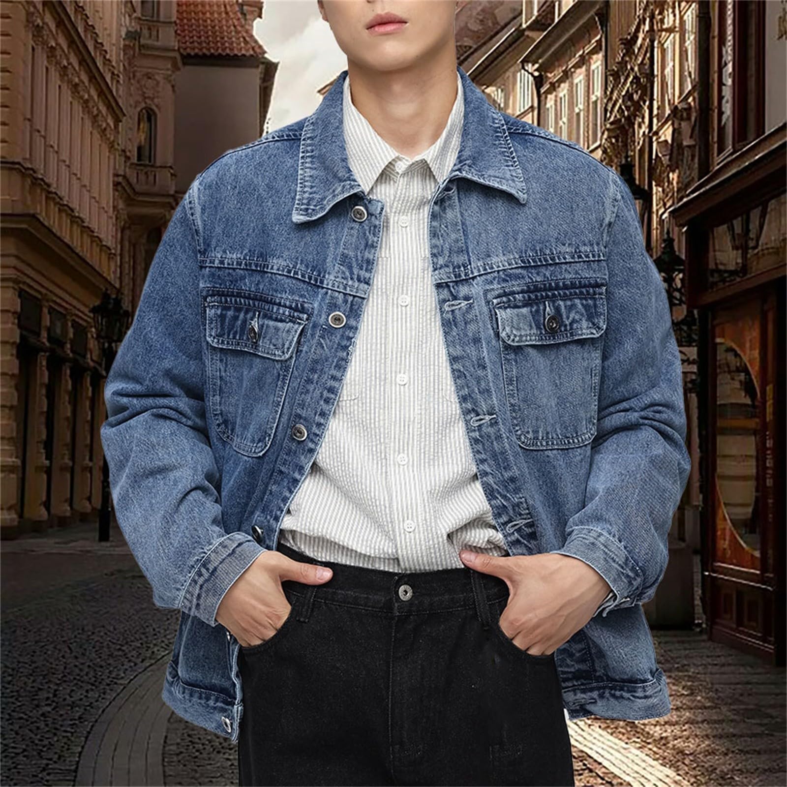 Generisch Giacca di jeans da uomo 4XL, taglie forti, giacca college con tasche e bottoni, giacca per le mezze stagioni, a maniche lunghe, con risvolto, tinta unita, giacca sportiva, comoda e versatile