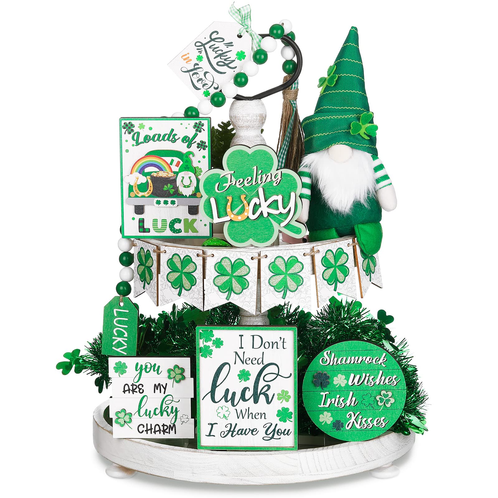 14 Pcs St. Patrick's Day Tiered Tray Decorations Includes 1 Pcs St. Patrick's Day Gnomes Plush Doll 3D Wooden Centerpiece Table Signs Wood Flag Decoration for Indoor Home Kitchen Decor