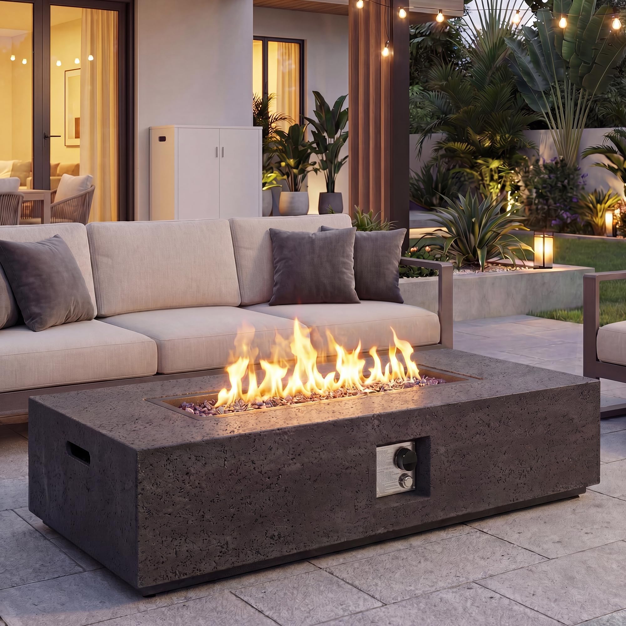 COSIEST 56-inch x 28-inch Outdoor Propane Fire Pit Coffee Table w Concrete Rectangle Base, 50,000 BTU, Free Lava Rocks and RainCover, Fits 20lb Tank Outside, Gray