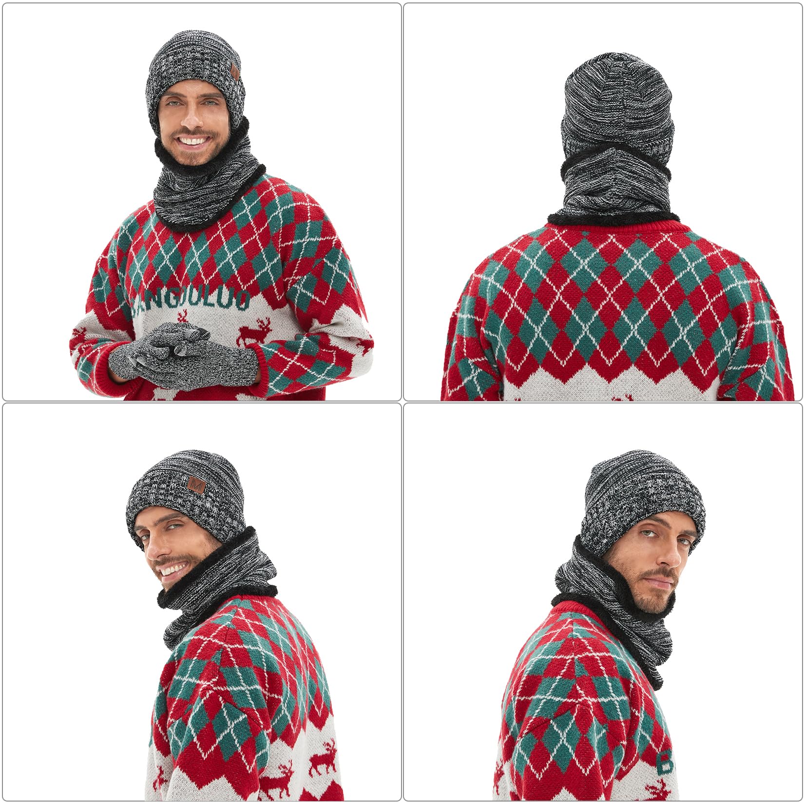 Maylisacc 3Pcs Slouch Beanie Invernale Scaldacollo Termica e Guanti Touch Screen a Maglia Uomo Donna con Fodera in Morbido Pile