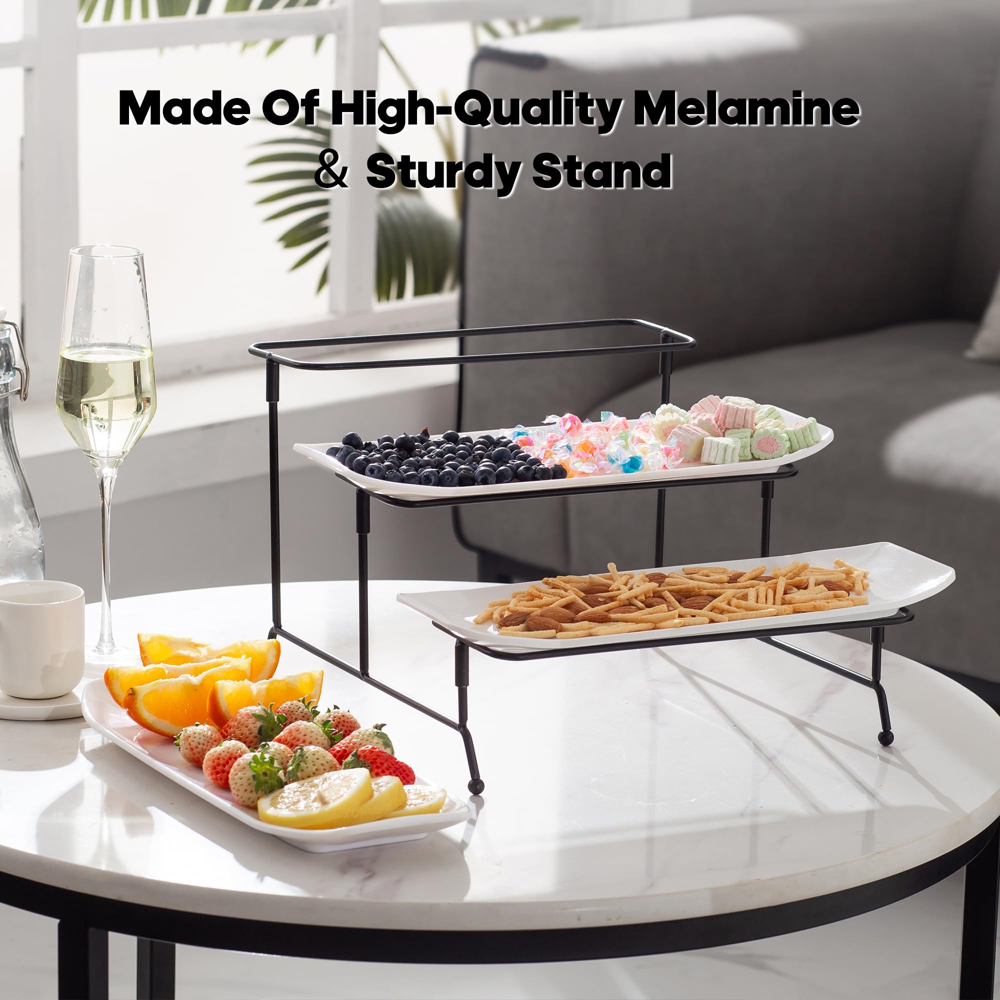 Bandeja irrompible de 3 niveles para fiesta, platos de melamina de 13 x 4.9 pulgadas para servir alimentos, bandejas blancas escalonadas con soporte de exhibición de metal negro para verduras, frutas, 5