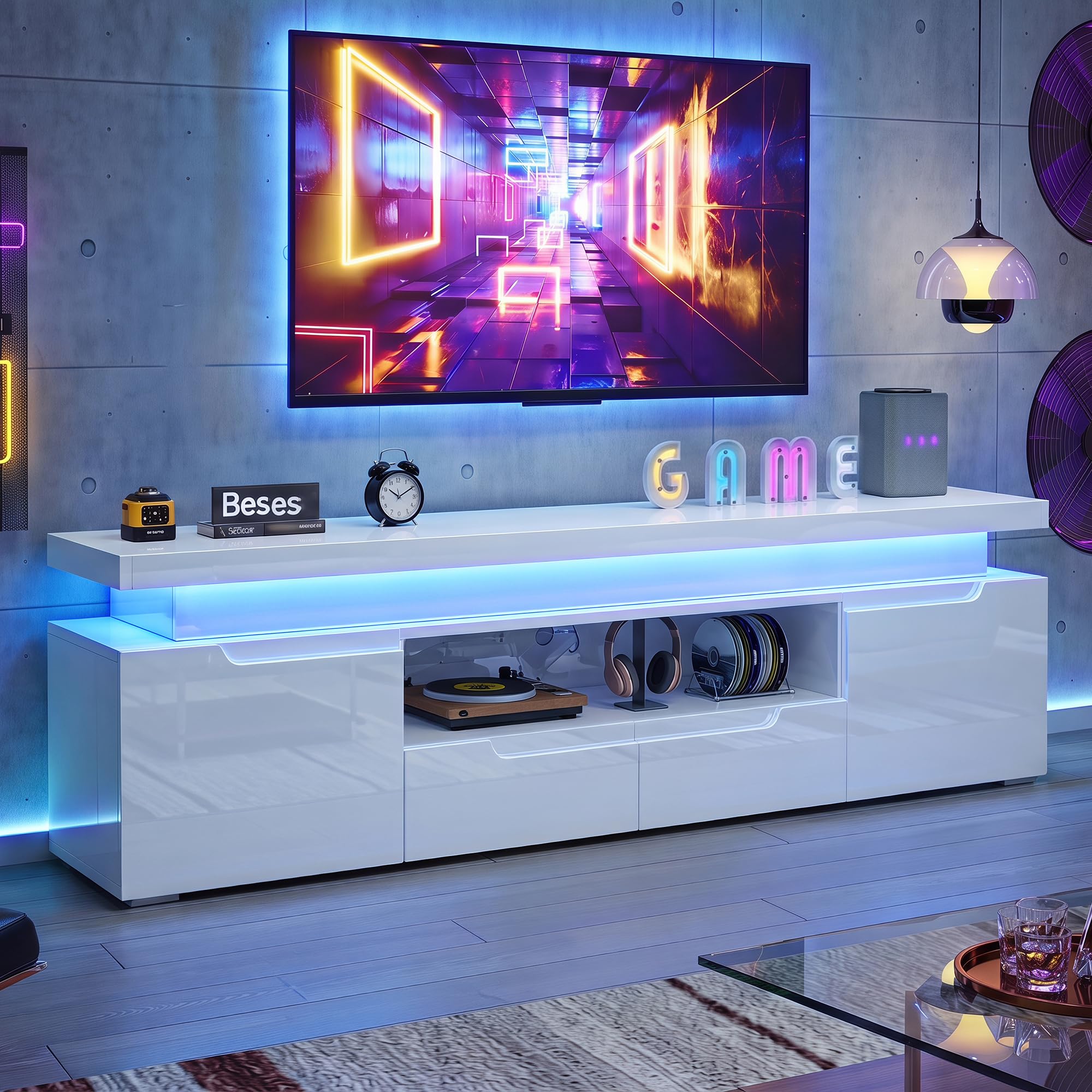 Szafka pod telewizor LED 180 cm, szafka pod telewizor, ławka telewizyjna, meble do salonu z miejscem do przechowywania, nowoczesna lakierowana szafka pod telewizor z 2 drzwiami i 2 szufladami, niska