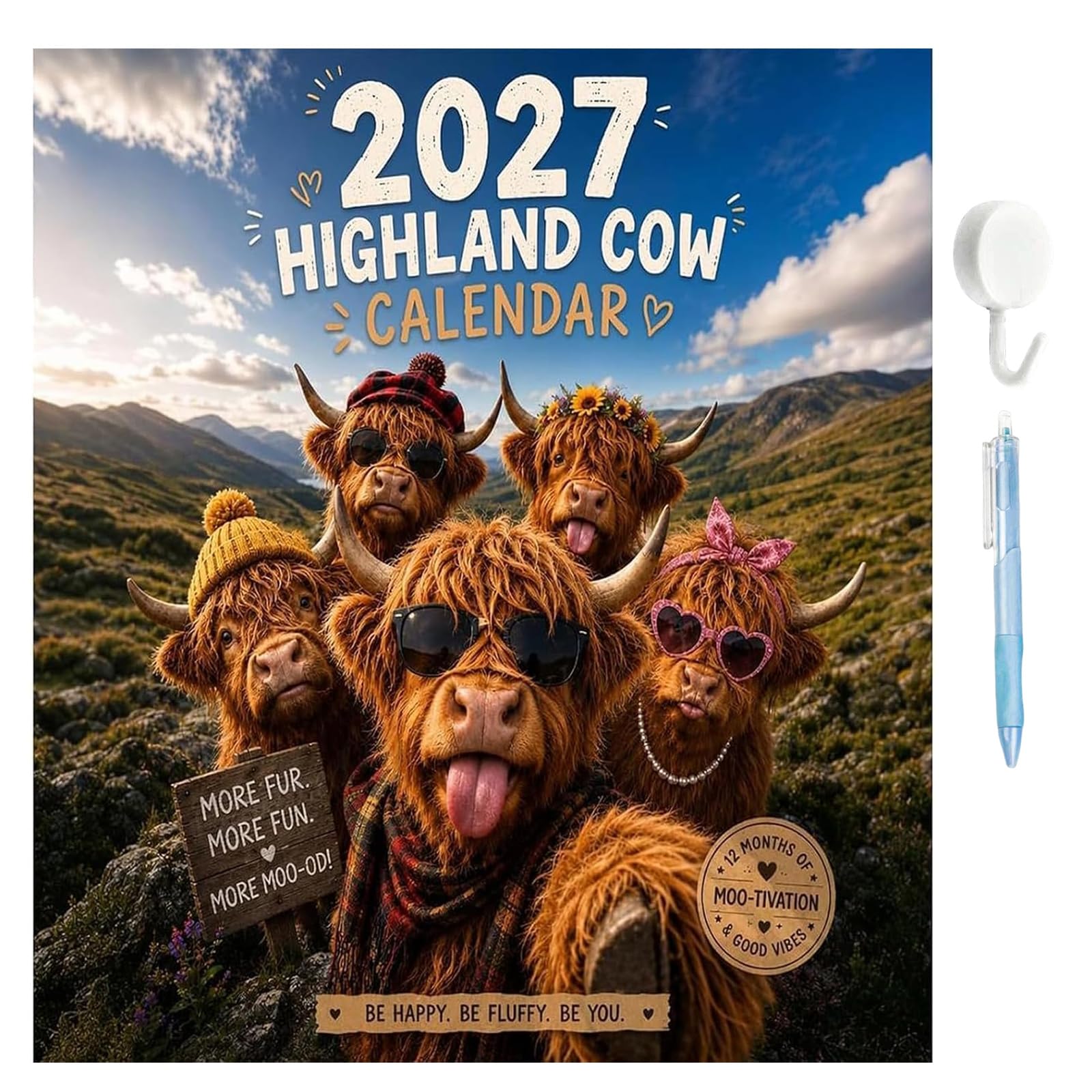2027 Funny Highland Cow Wall Calendar A4 Hanging Calendar (A) — image 1